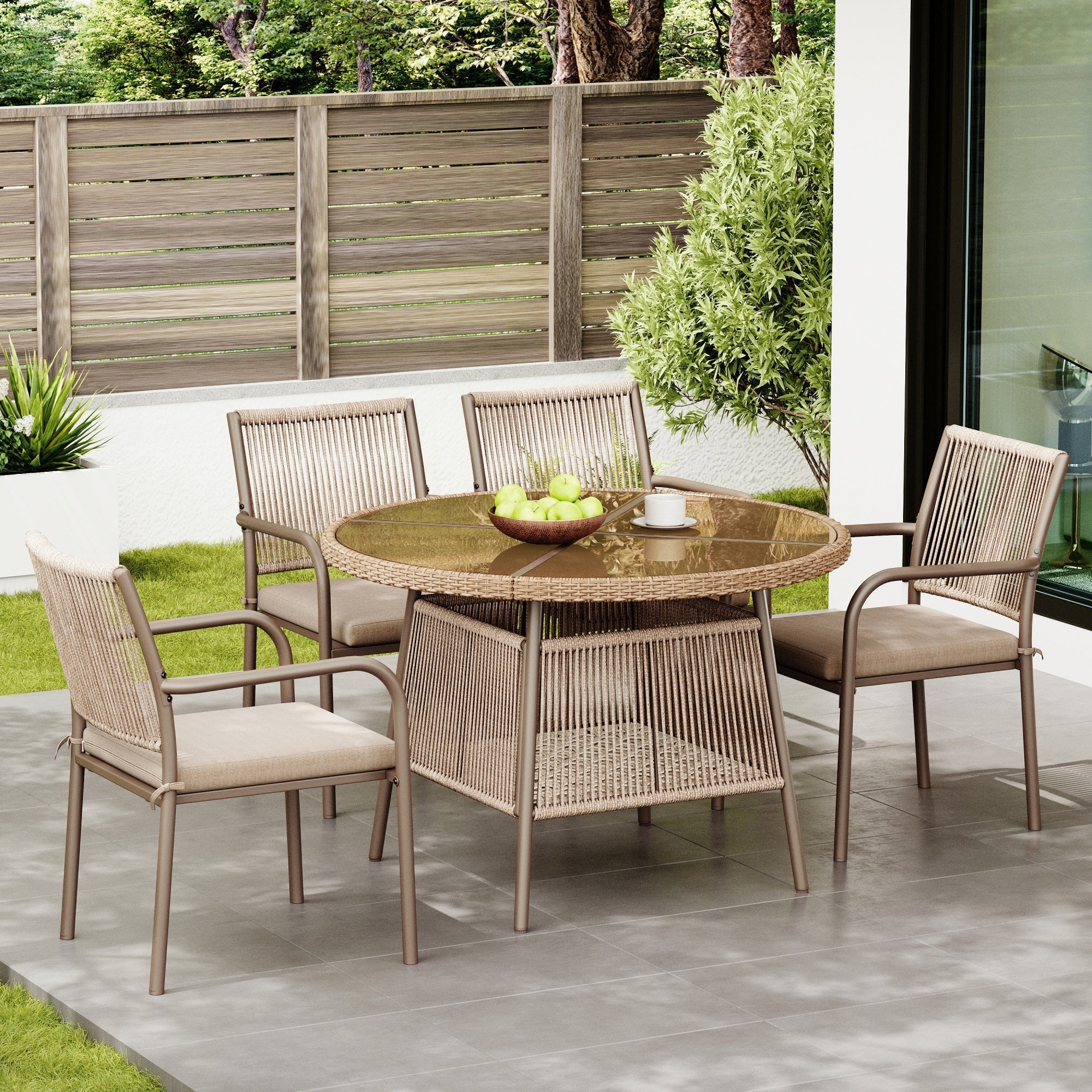 Rattan Garden Set Round Glass Table 4 Armchairs - Iron Frame - Image 4
