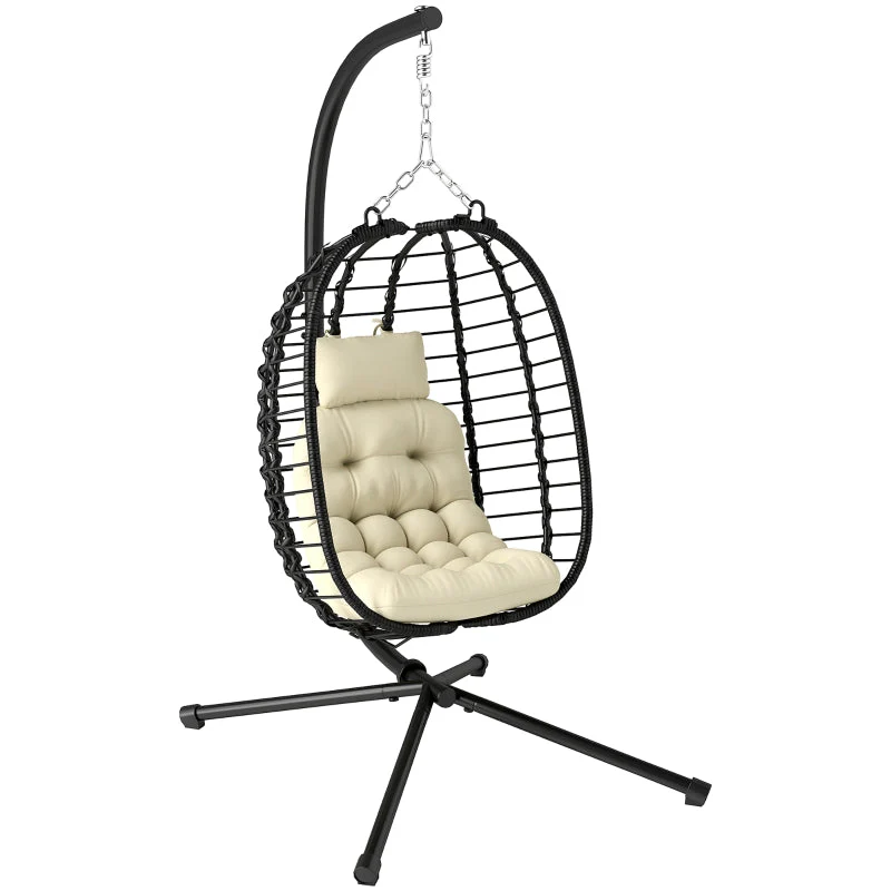 Rattan Hanging Egg Chair, Foldable Adjustable Height with Stand, Cream White - Image 2
