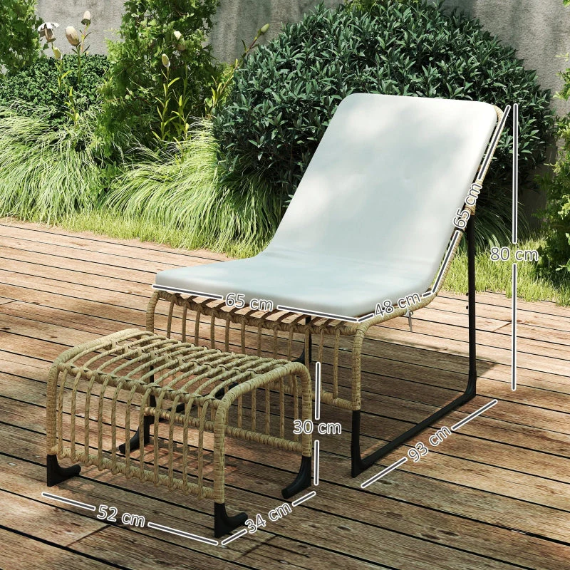 Rattan Relaxing Chair with Footstool, UV-resistant Garden Chair, Natural Wood - Image 4