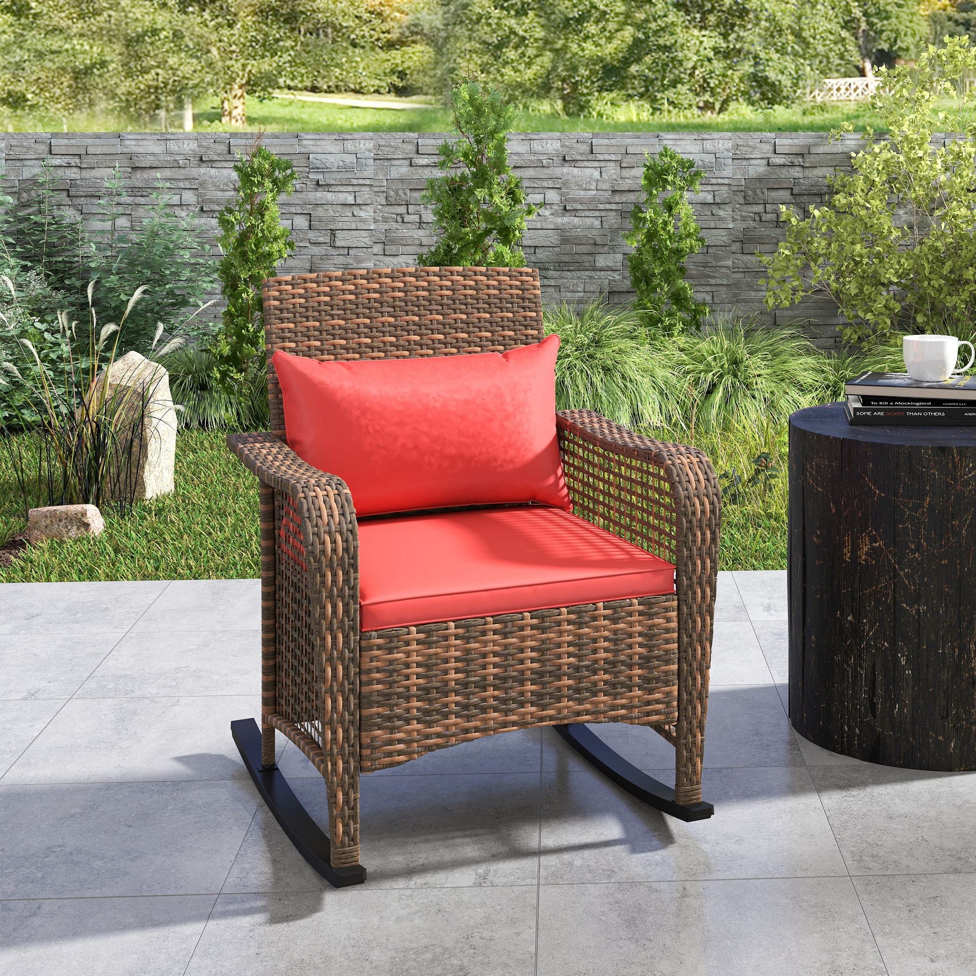 Rattan Rocking Chair Outdoor with Curved Base & Steel Frame, Red - Image 8