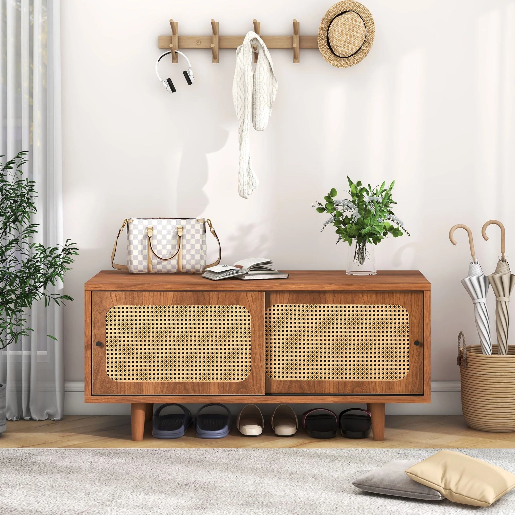 Rattan Shoe Cabinet with Adjustable Shelf, 2 Doors, Walnut Finish