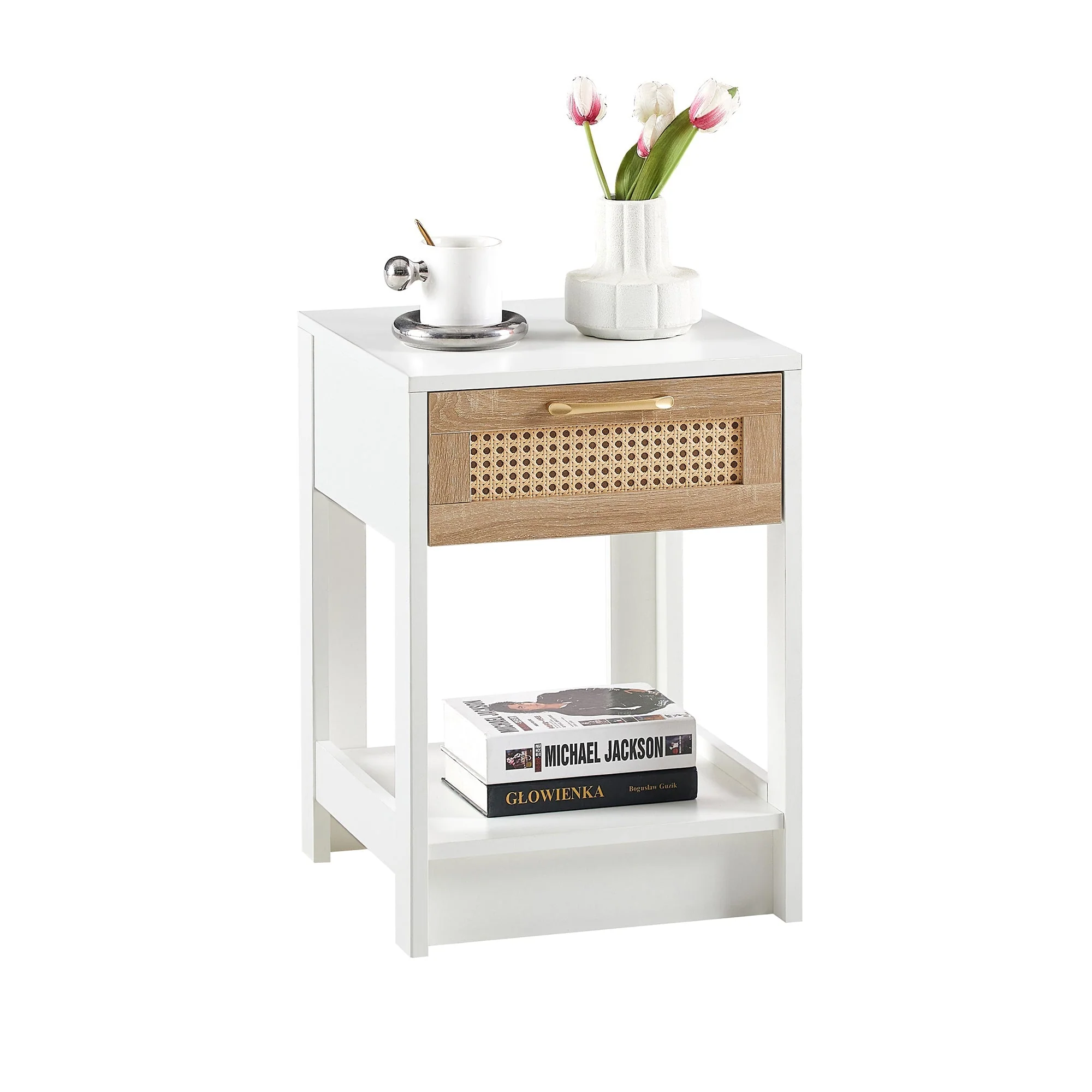 Rattan Side/Bedside Table with Drawer Modern - White - Image 3