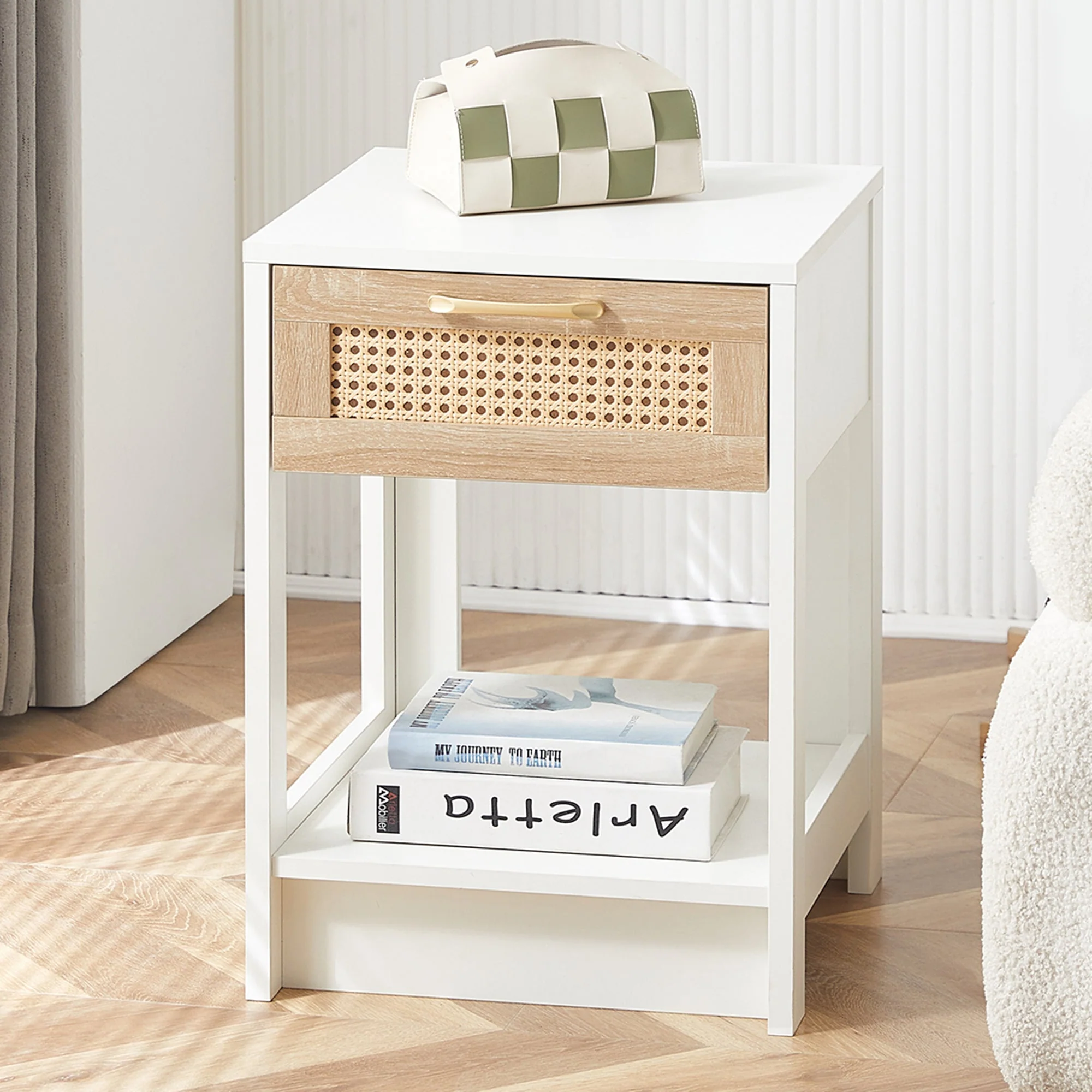 Rattan Side/Bedside Table with Drawer Modern - White - Image 8