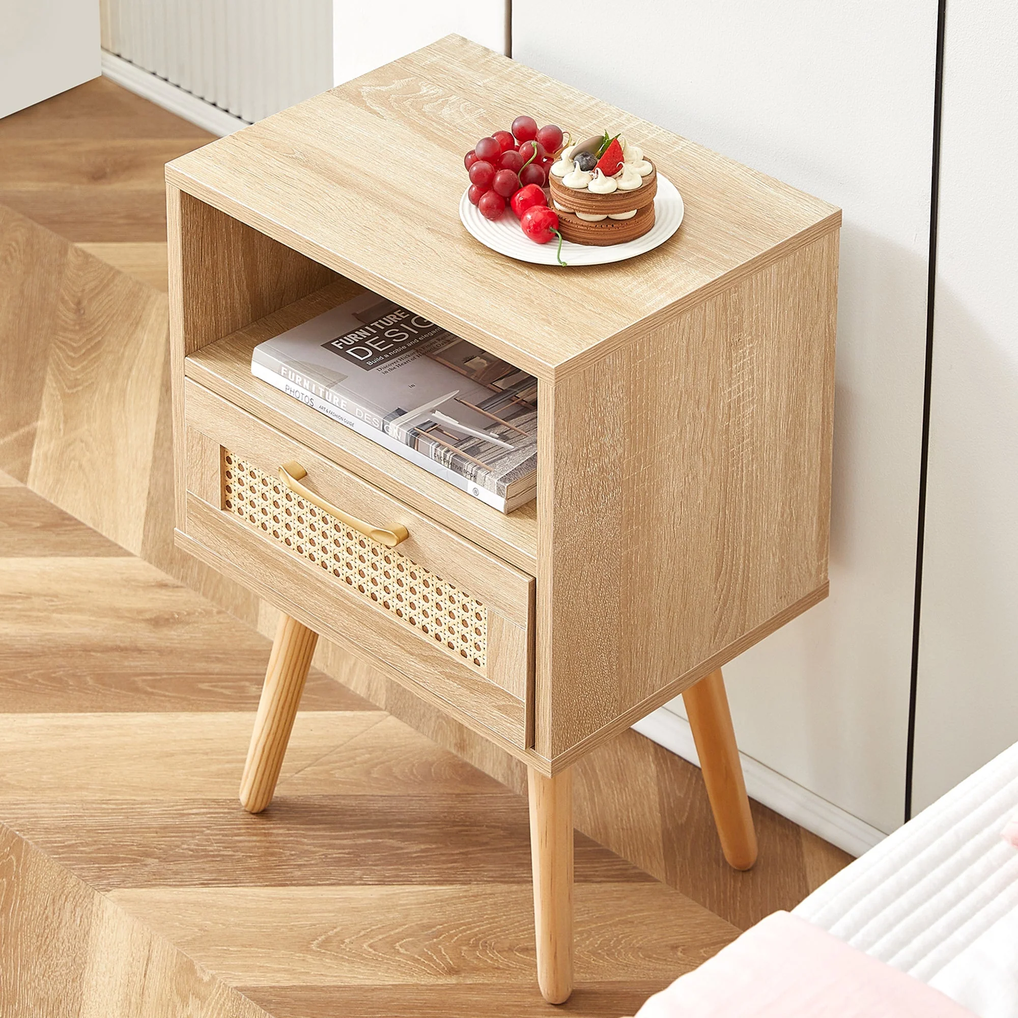 Rattan Side Table Drawer Solid Wood Legs Modern Bedside Natural Wood Look - Image 5