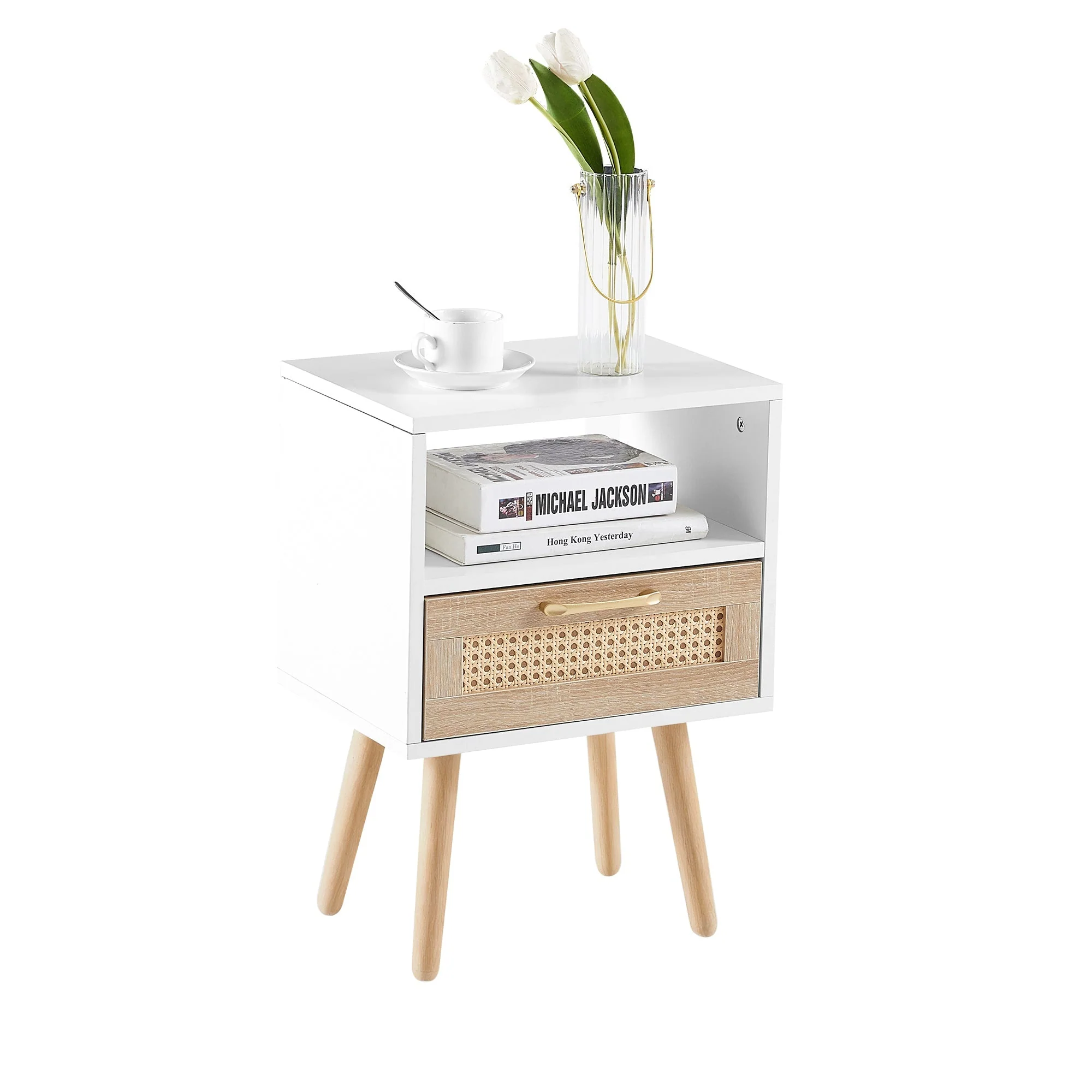 Rattan Side Table with Drawer and Solid Wood Legs, White - Image 3