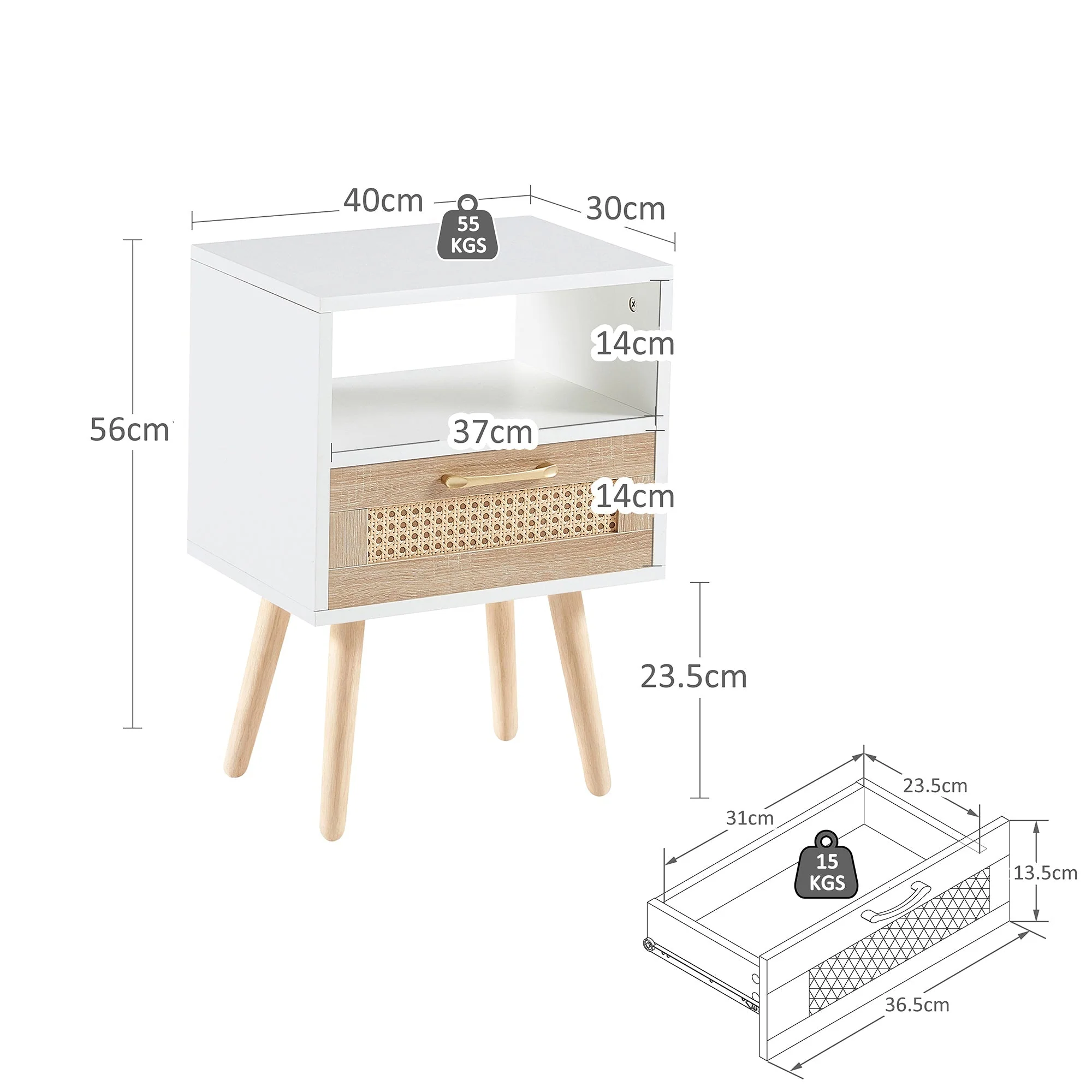 Rattan Side Table with Drawer and Solid Wood Legs, White - Image 4
