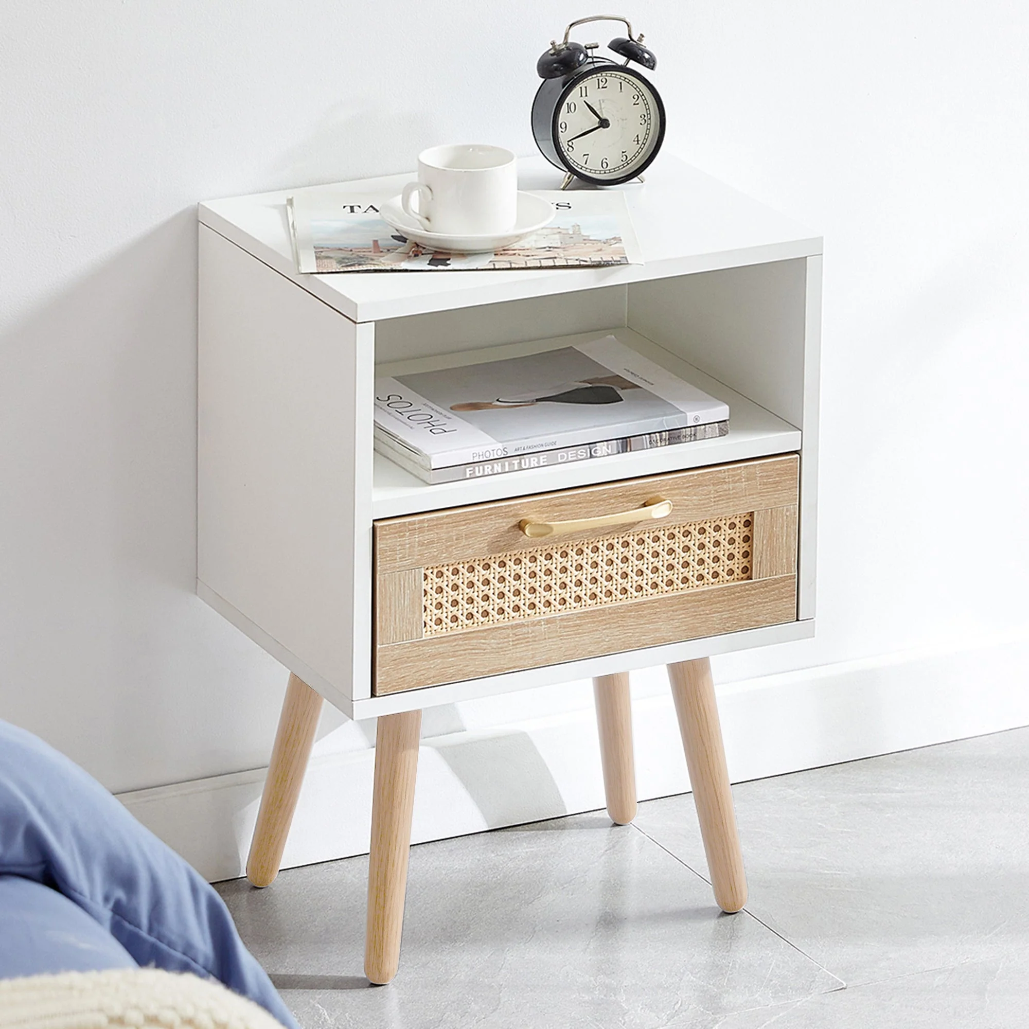 Rattan Side Table with Drawer and Solid Wood Legs, White - Image 5