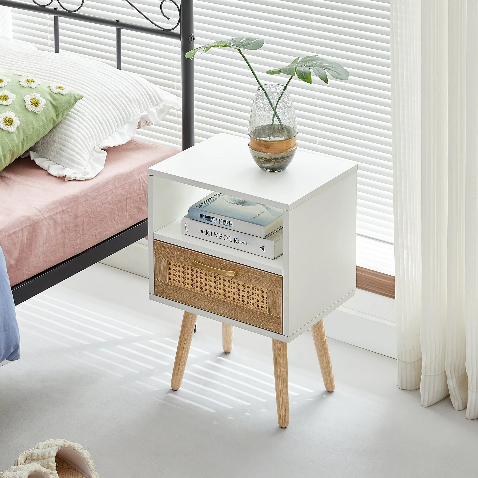 Rattan Side Table with Drawer and Solid Wood Legs, White - Image 9