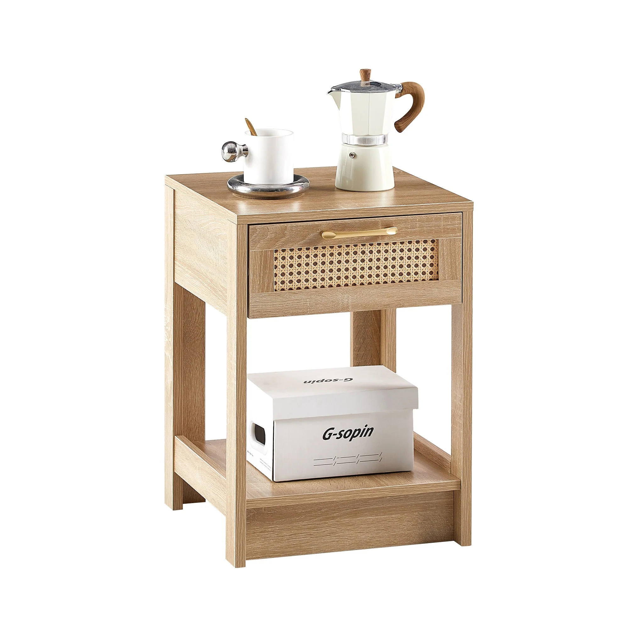 Rattan Side Table with Drawer H55xW40xD40cm Natural Wood Look - Image 3