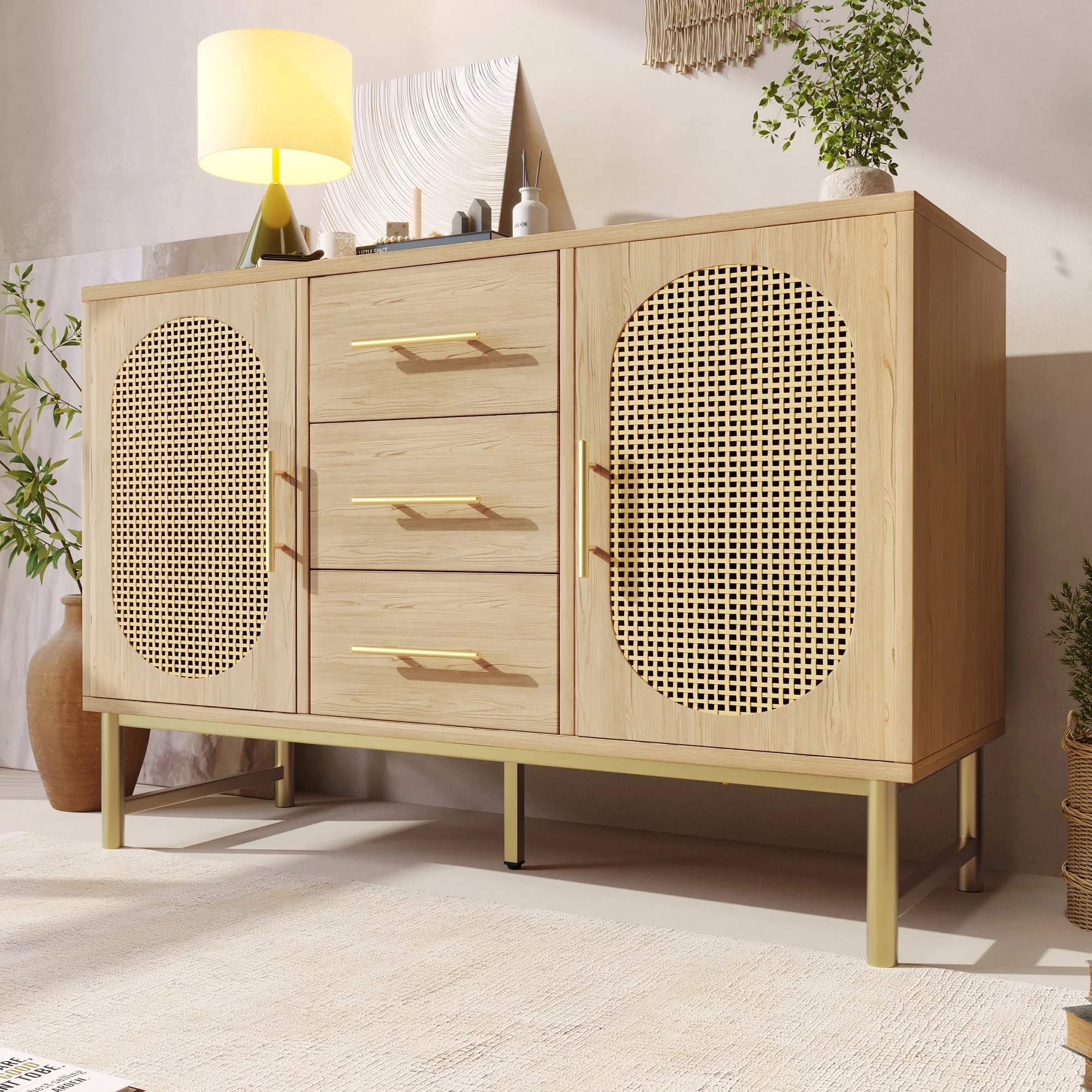 Rattan Sideboard 3 Drawers 2 Doors Adjustable Shelves 120x40x74cm Sonoma Oak - Image 8