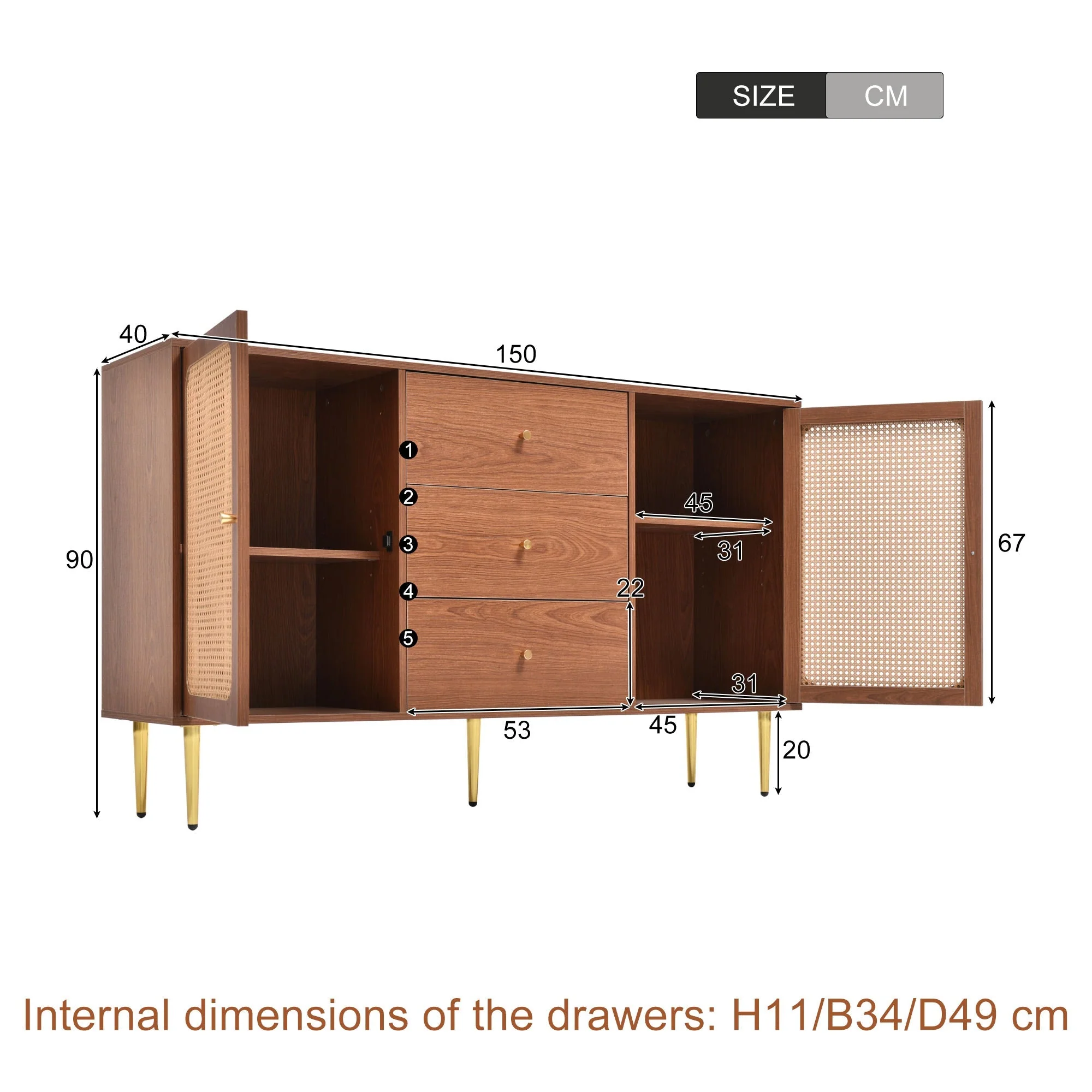 Rattan Sideboard Cabinet for Living Room, Chest of Drawers with 2 Doors and 3 Drawers, Adjustable Shelf, Walnut - Image 2