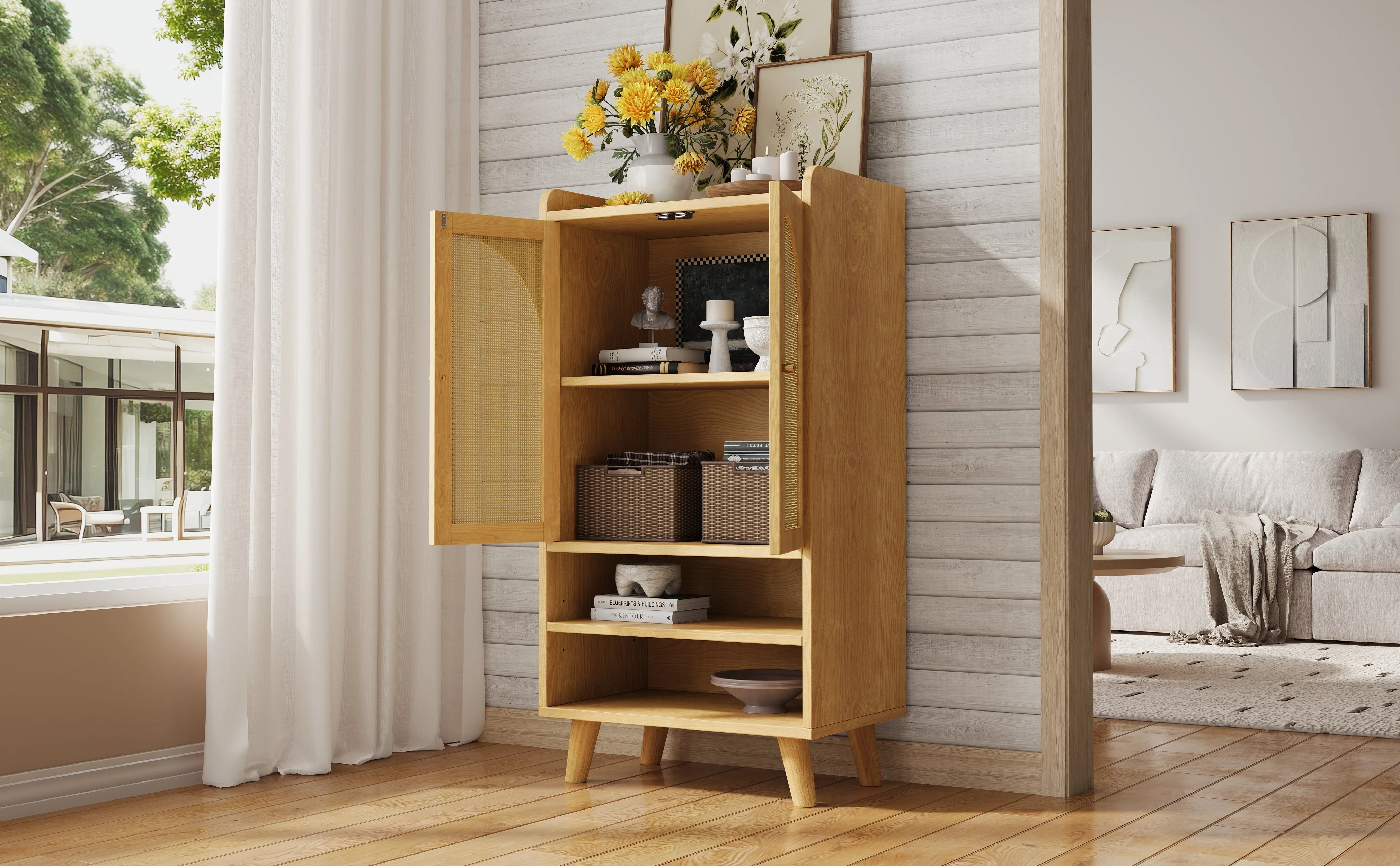 Rattan Sideboard Highboard with 2 Doors and Open Storage Rattan - Image 8