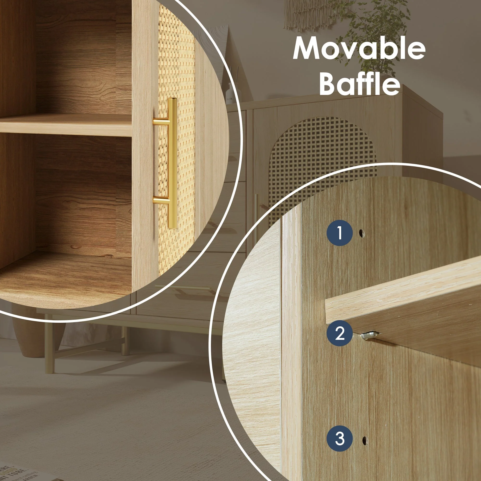 Rattan Sideboard Storage Cabinet with 2 Doors & 3 Drawers, Metal Handles, Adjustable Shelves, Oak - Image 4