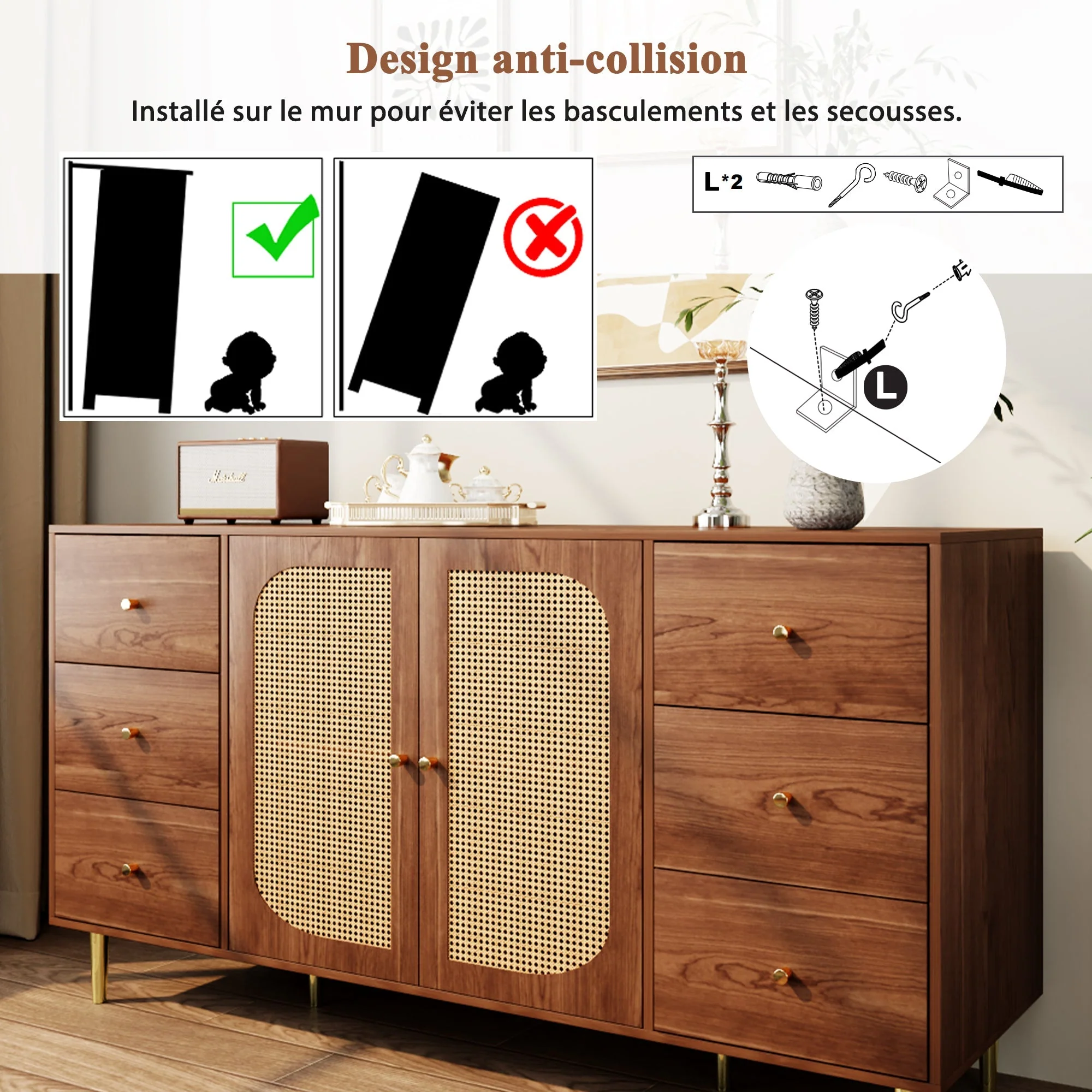 Rattan Sideboard Storage Cabinet with Drawer 160x40x90cm Brown Wood - Image 7