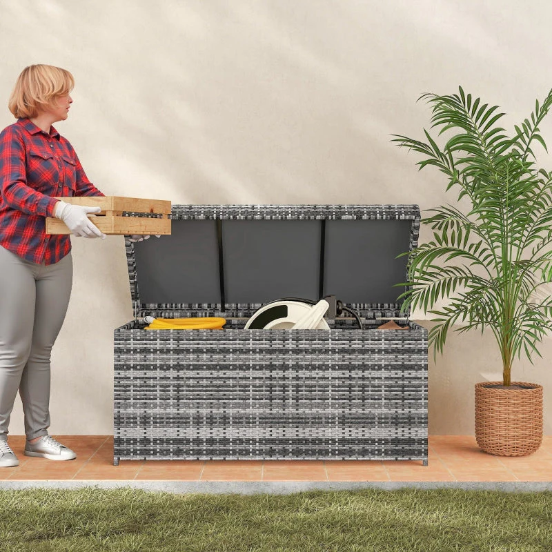 Rattan Storage Box 380L Weatherproof Cushion Box with Lid and Handle, Dark Gray - Image 8