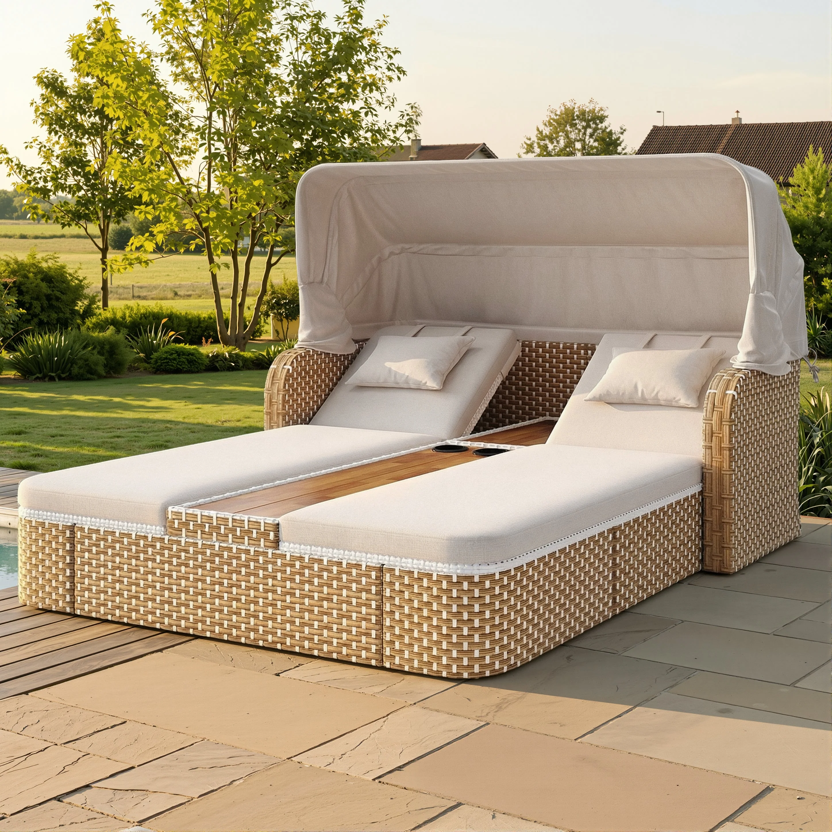 Rattan Sun Island Garden Lounger with Awning and Weatherproof Design, Beige and Grey - Image 6