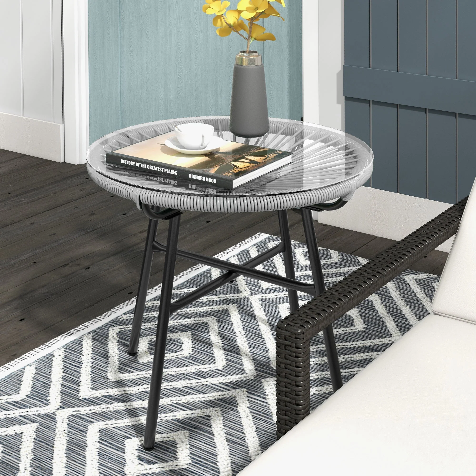 Rattan Table Round Glass Top 50x50x50cm Black/Grey