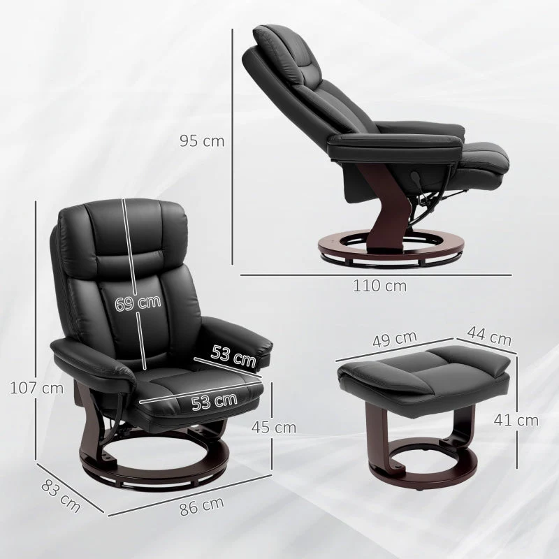 Recliner Chair, 360° Swivel, Footstool, Faux Leather, Black - Image 2