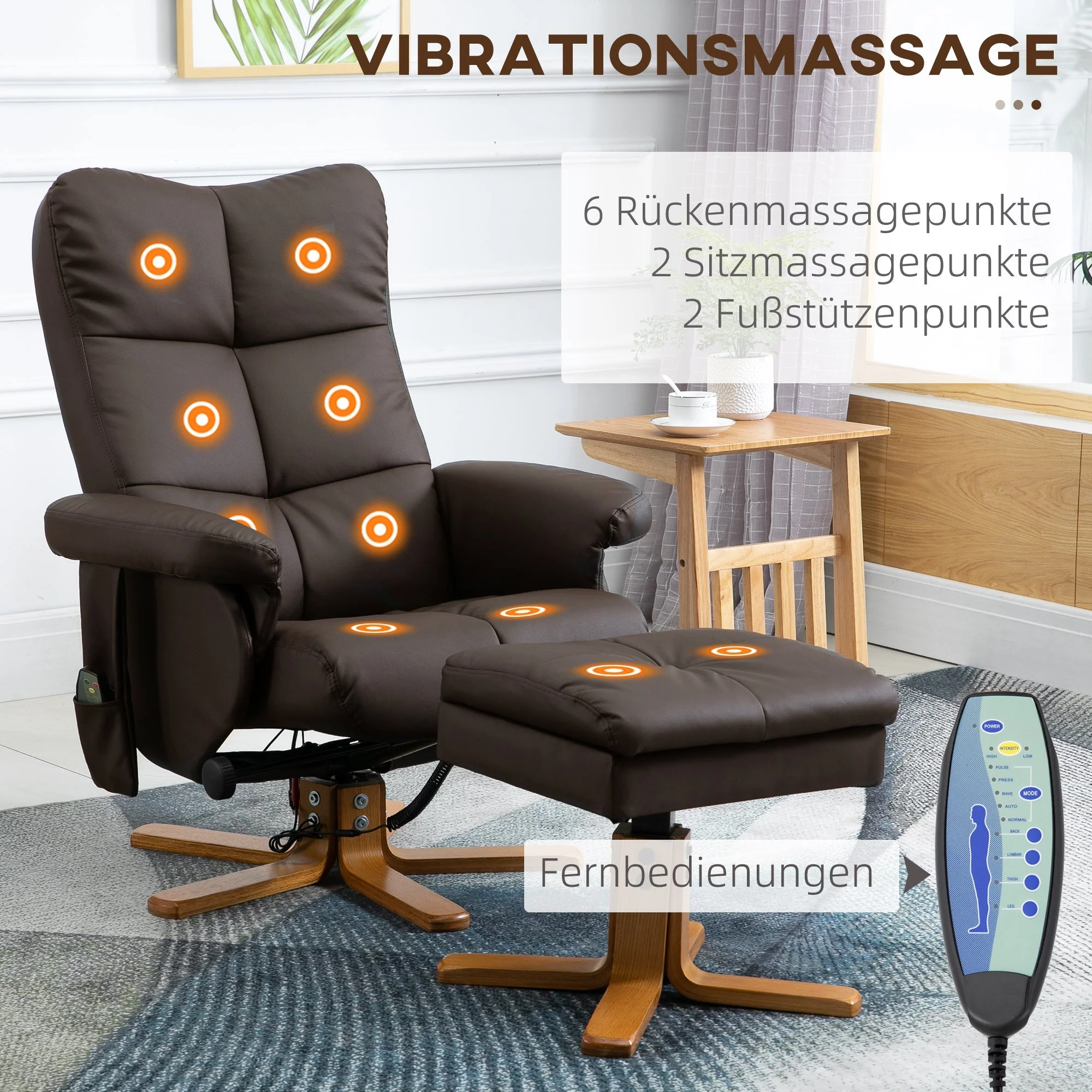 Recliner Chair, Massage TV with Footstool 145° Tilt, 10 Vibration Points, Faux Leather Brown - Image 4