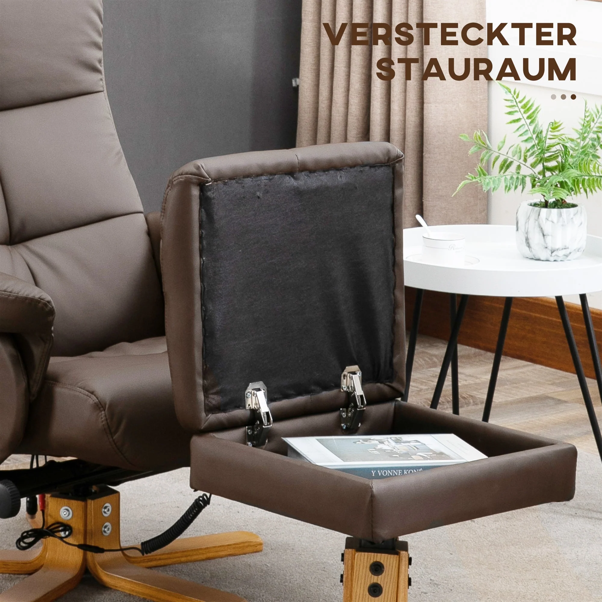 Recliner Chair, Massage TV with Footstool 145° Tilt, 10 Vibration Points, Faux Leather Brown - Image 6