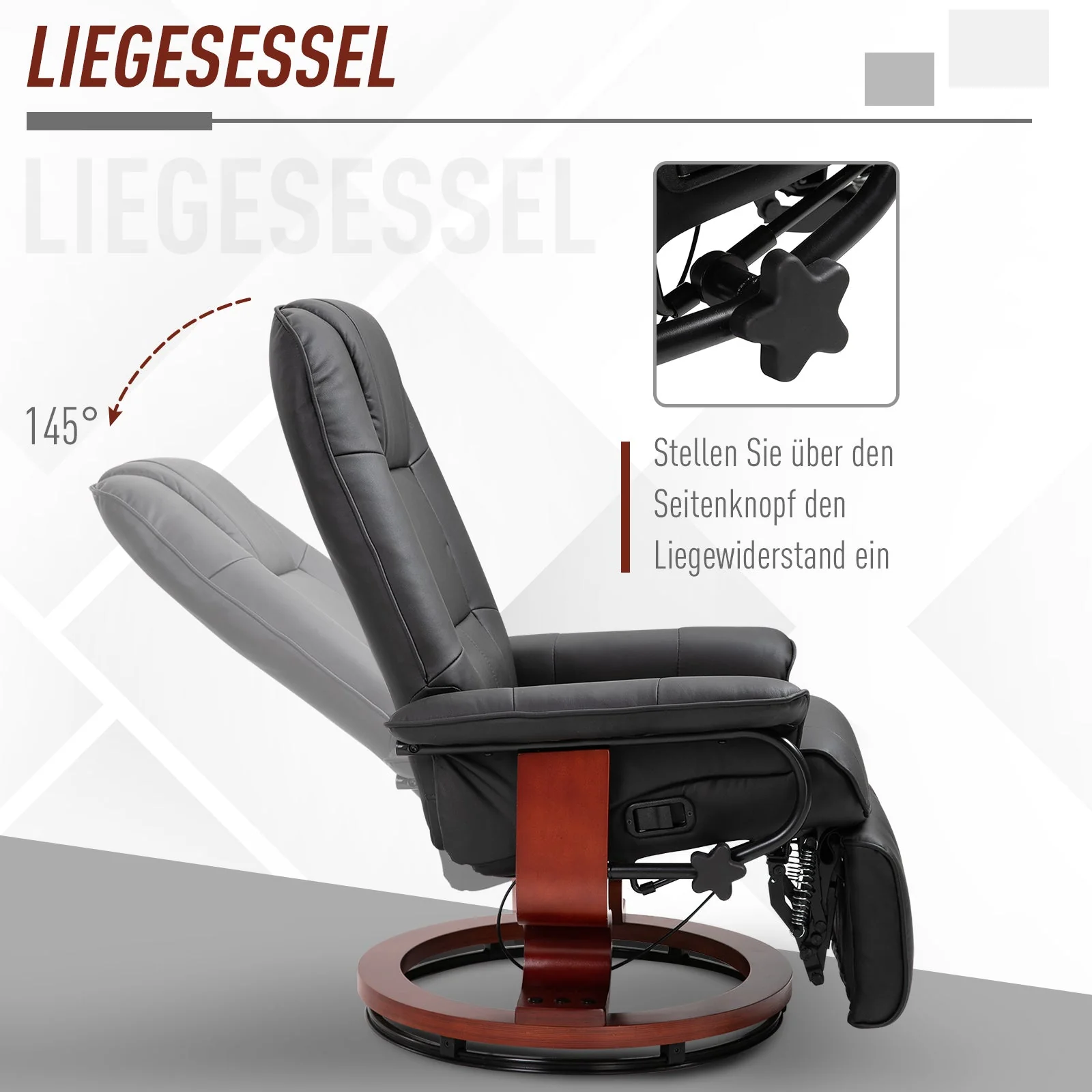 Recliner Chair TV with Footrest 360° Swivel Wooden Base Faux Leather Black - Image 4