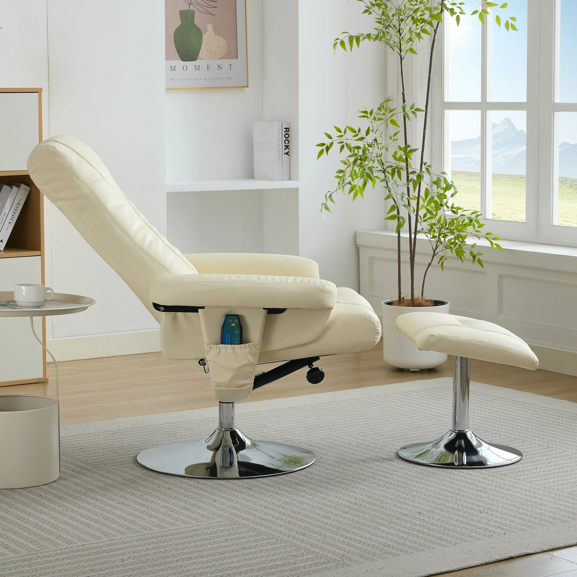 Recliner Chair with 5-Point Massage, Electric Heating, 360° Swivel, PU Fabric Beige - Image 9