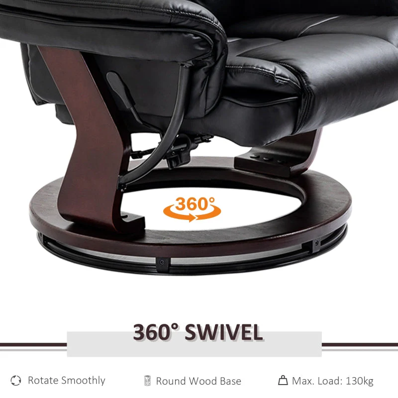 Recliner Chair with Footstool, 130kg Capacity, 135° Reclining Swivel, PU Leather, Black - Image 5