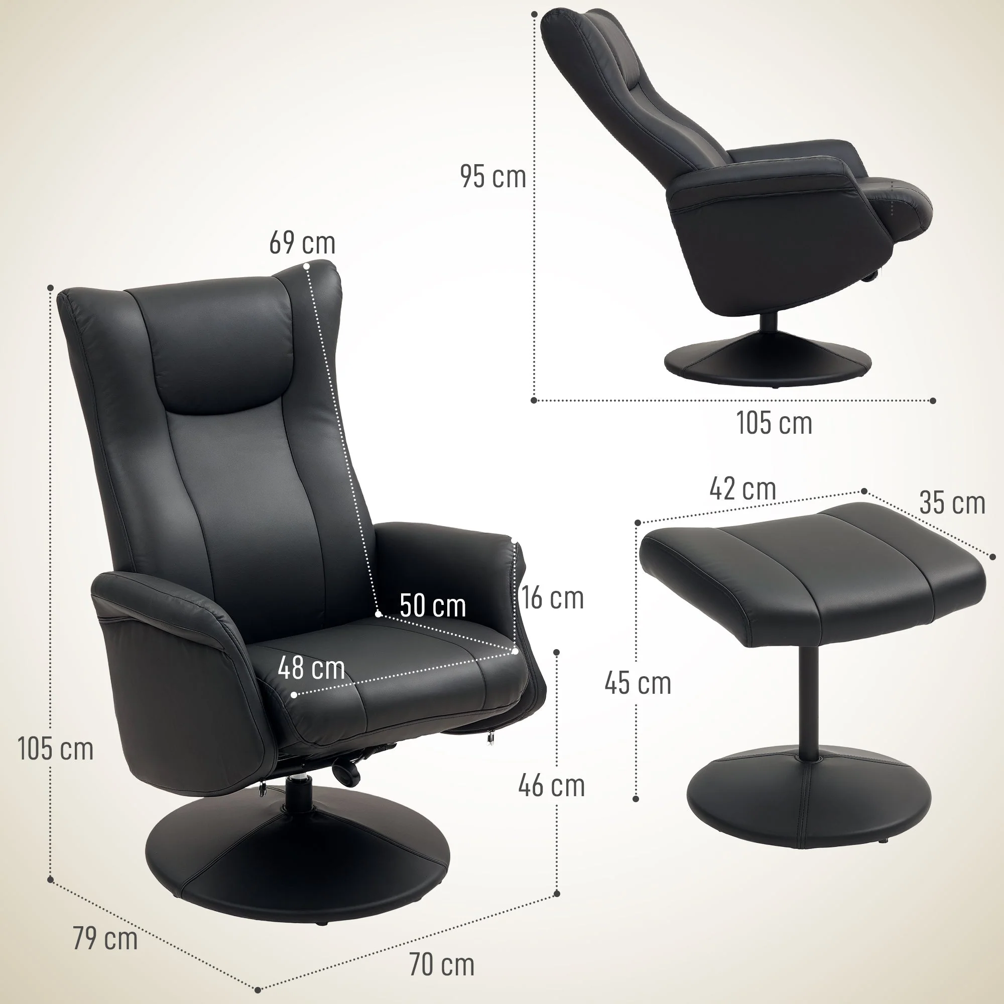 Recliner Chair with Footstool, 360° Rotating, 150 kg, Faux Leather Black - Image 4