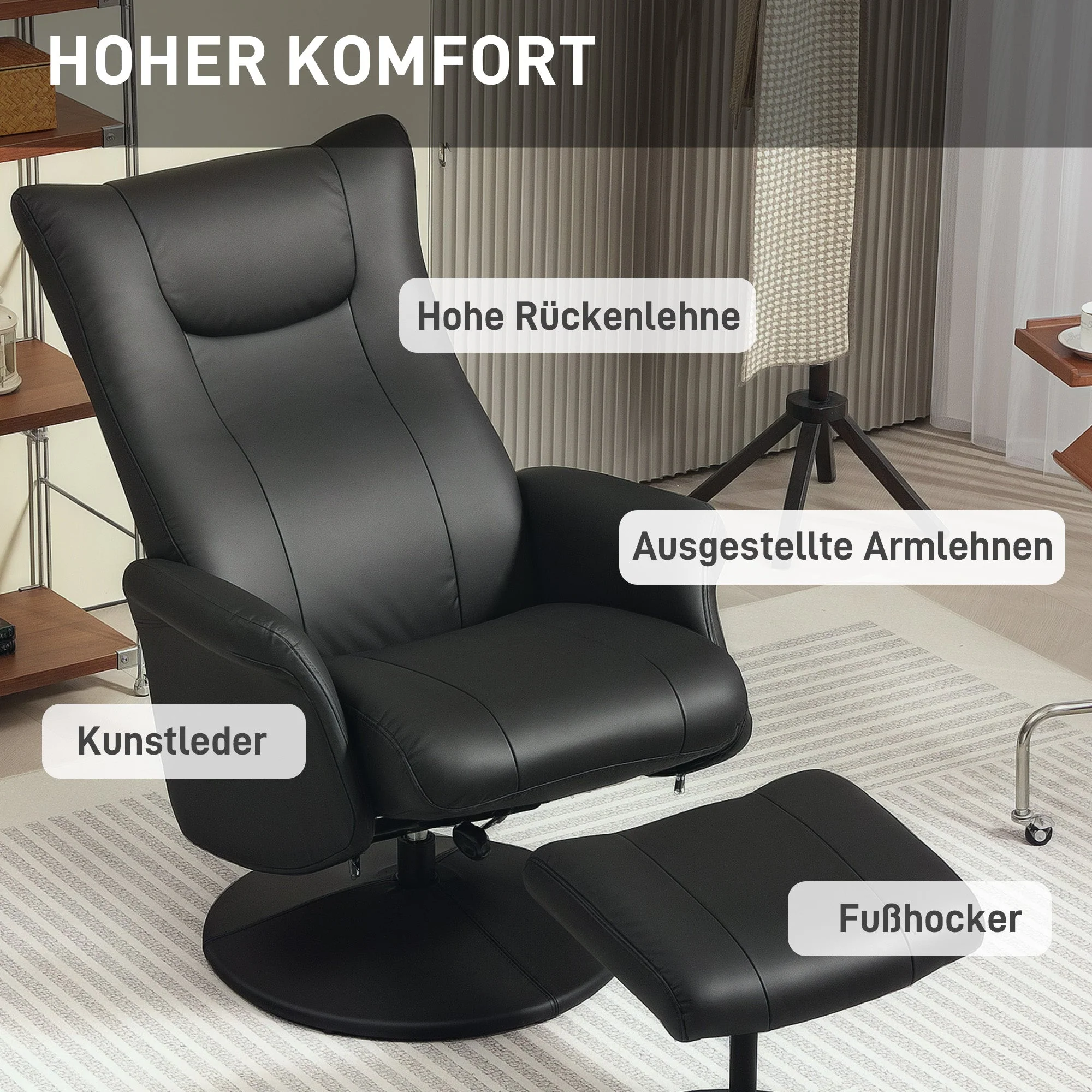 Recliner Chair with Footstool, 360° Rotating, 150 kg, Faux Leather Black - Image 6
