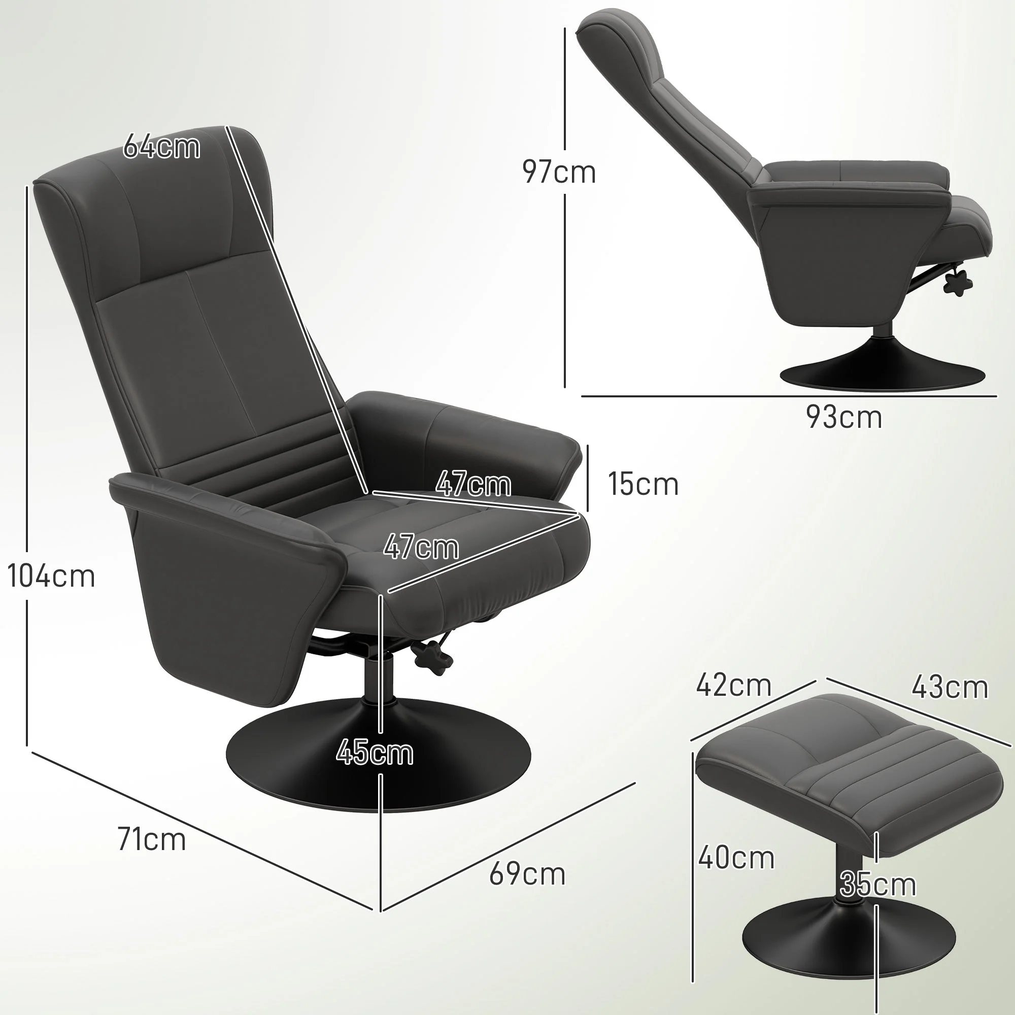 Recliner Chair with Footstool, Swivel Reclining TV, 150kg Load, Microfiber Cloth, Black - Image 3
