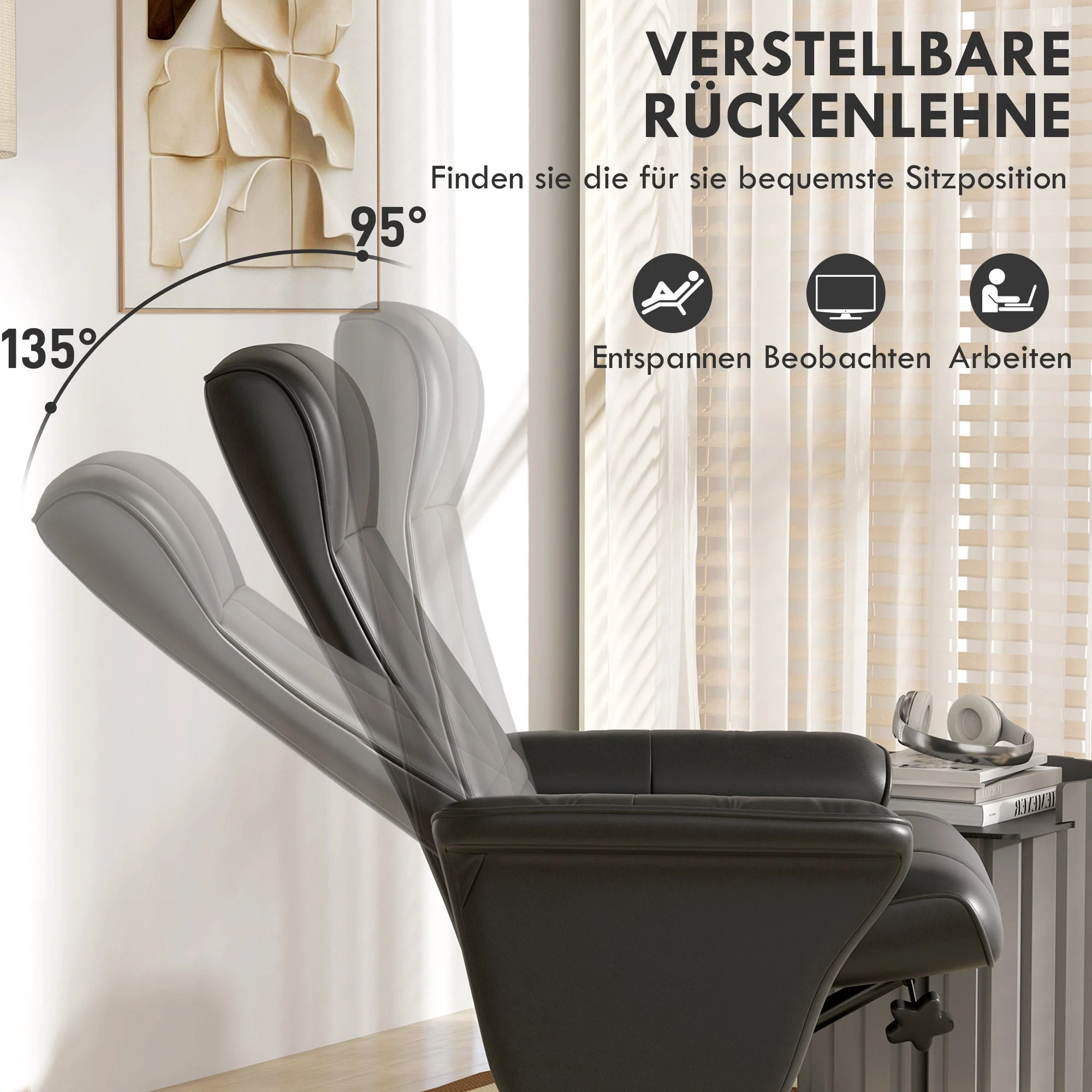 Recliner Chair with Footstool, Swivel Reclining TV, 150kg Load, Microfiber Cloth, Black - Image 4