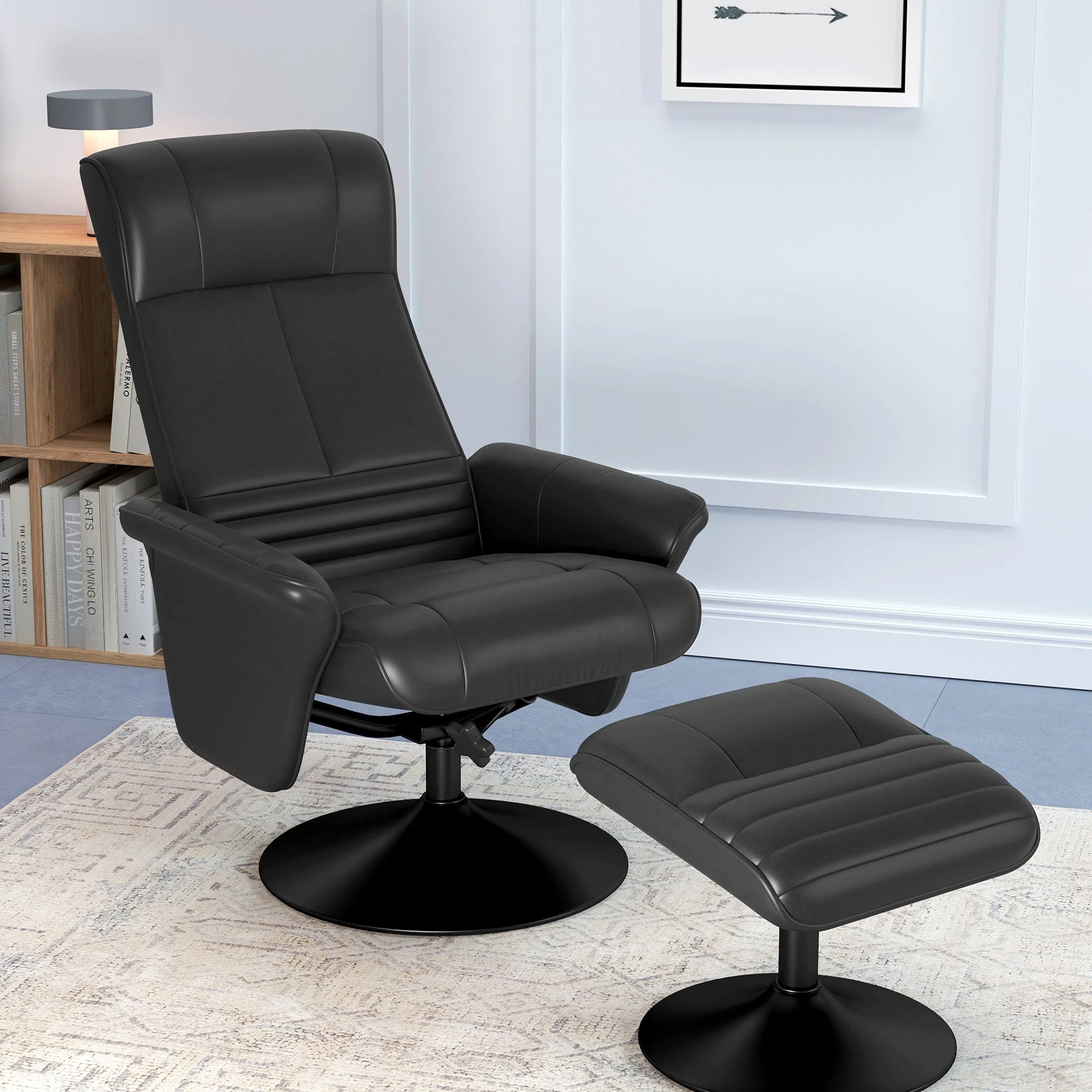 Recliner Chair with Footstool, Swivel Reclining TV, 150kg Load, Microfiber Cloth, Black - Image 7