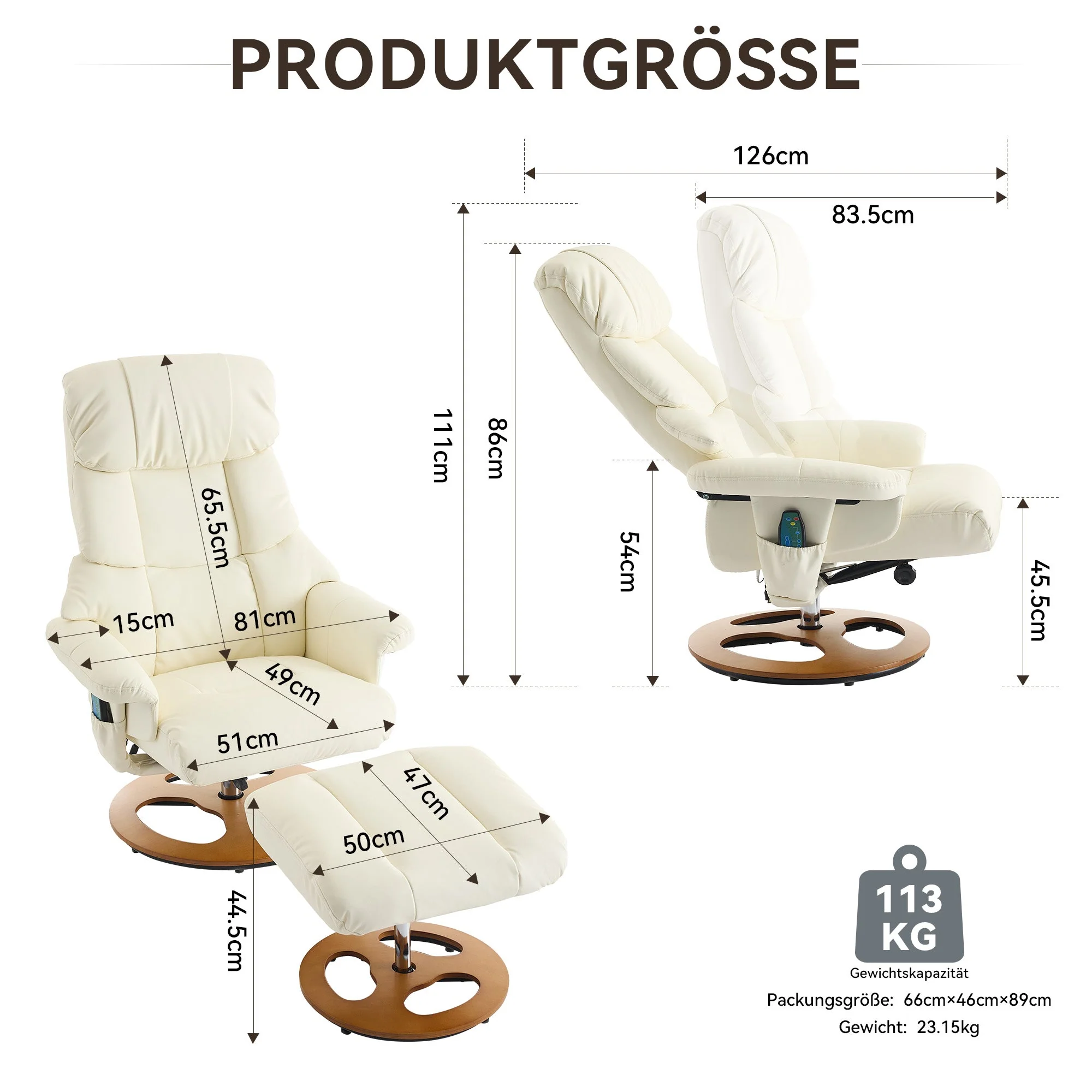 Recliner Chair with Massage, Heat, Reclining, Stool, 360° Rotatable, PU Fabric White - Image 2