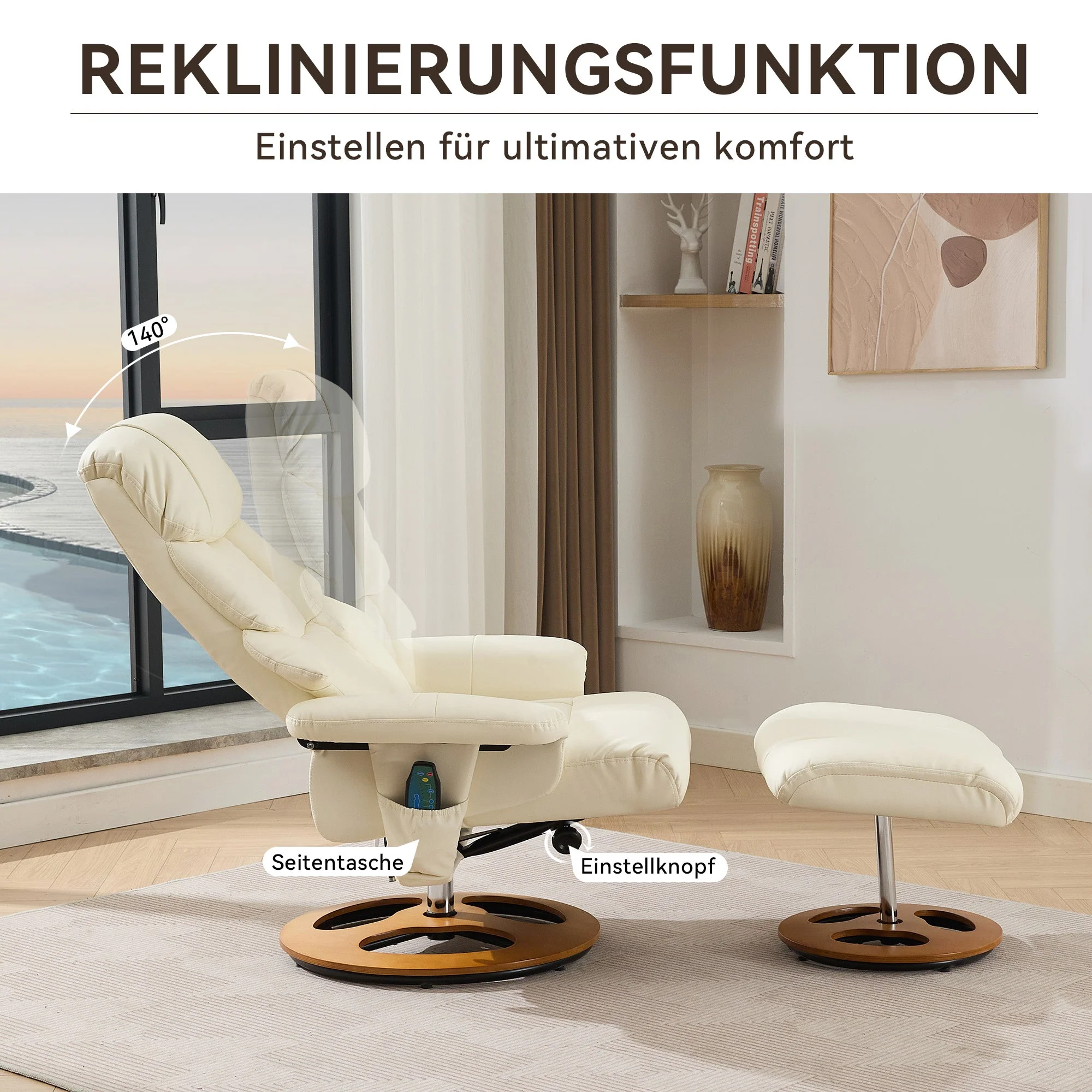 Recliner Chair with Massage, Heat, Reclining, Stool, 360° Rotatable, PU Fabric White - Image 3