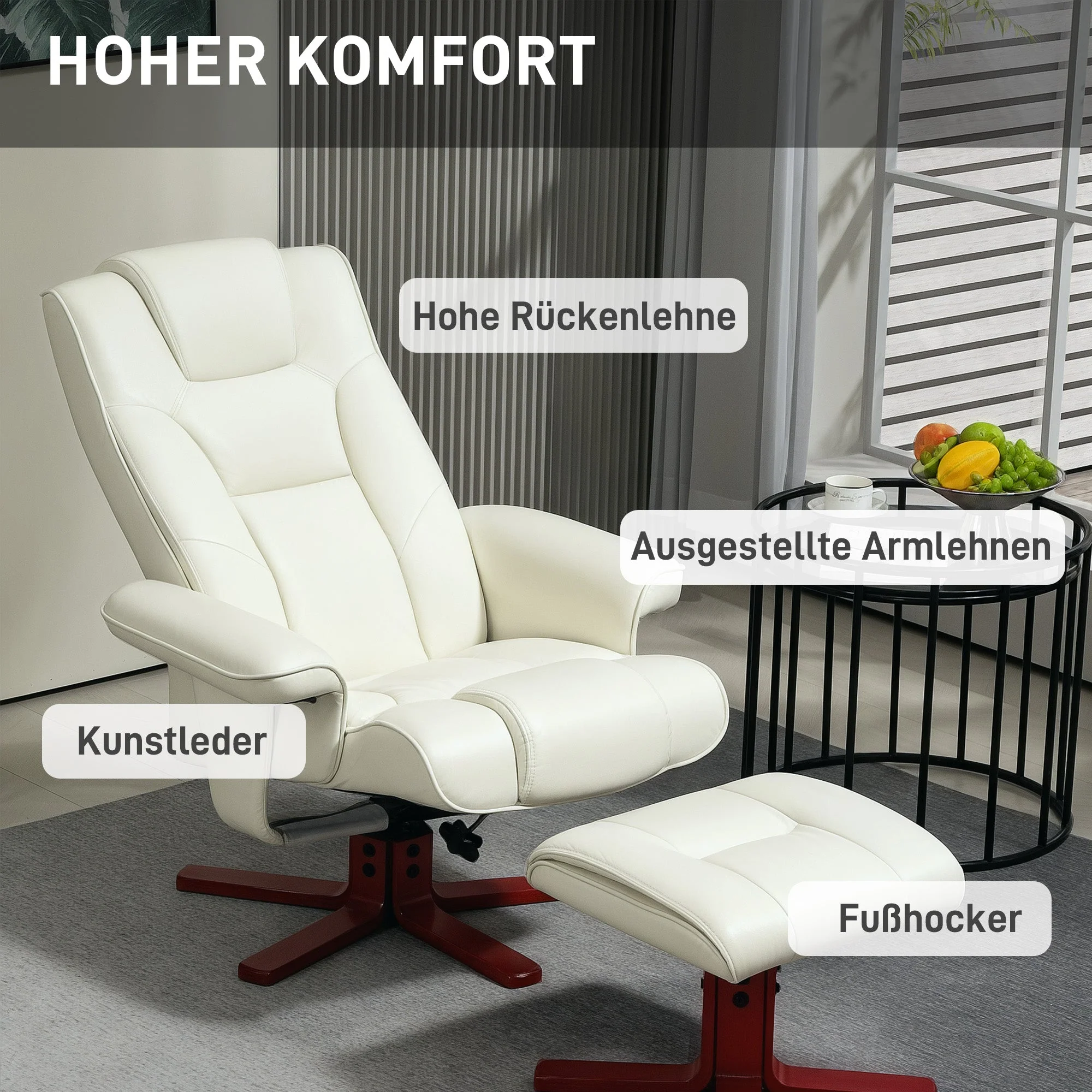 Recliner with Footstool, Upholstered Rocking Adjustable Backrest, Faux Leather Cream White - Image 6