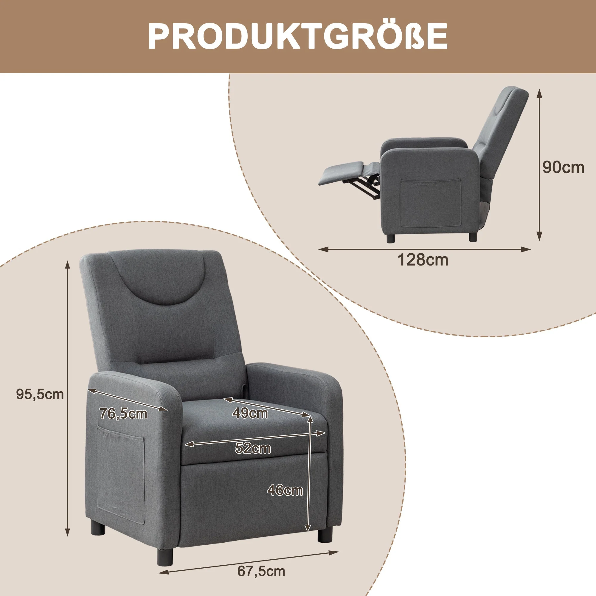 Reclining Armchair Adjustable Function - Dark Grey - Image 2
