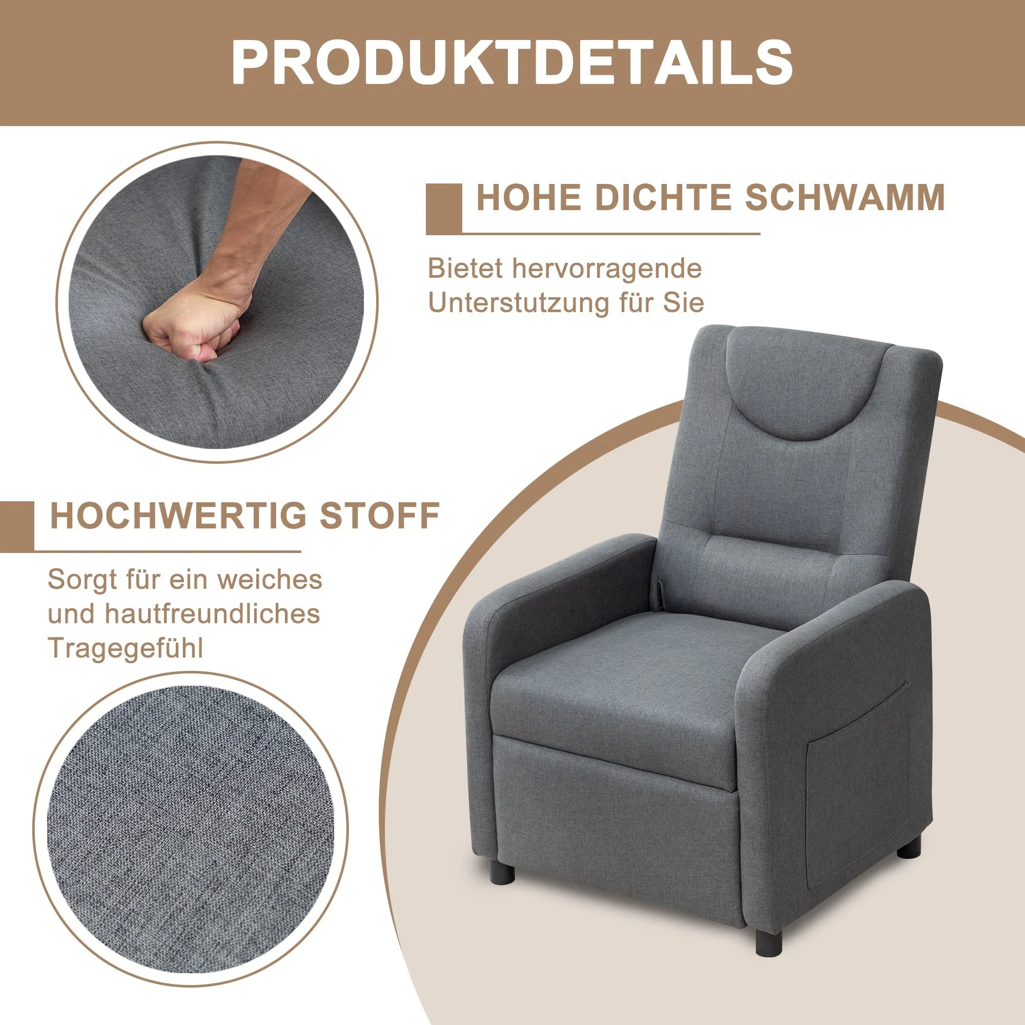 Reclining Armchair Adjustable Function - Dark Grey - Image 3