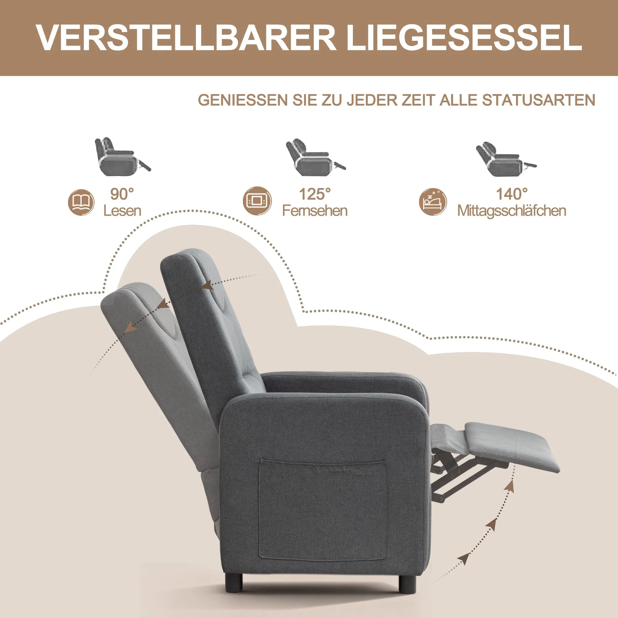 Reclining Armchair Adjustable Function - Dark Grey - Image 4