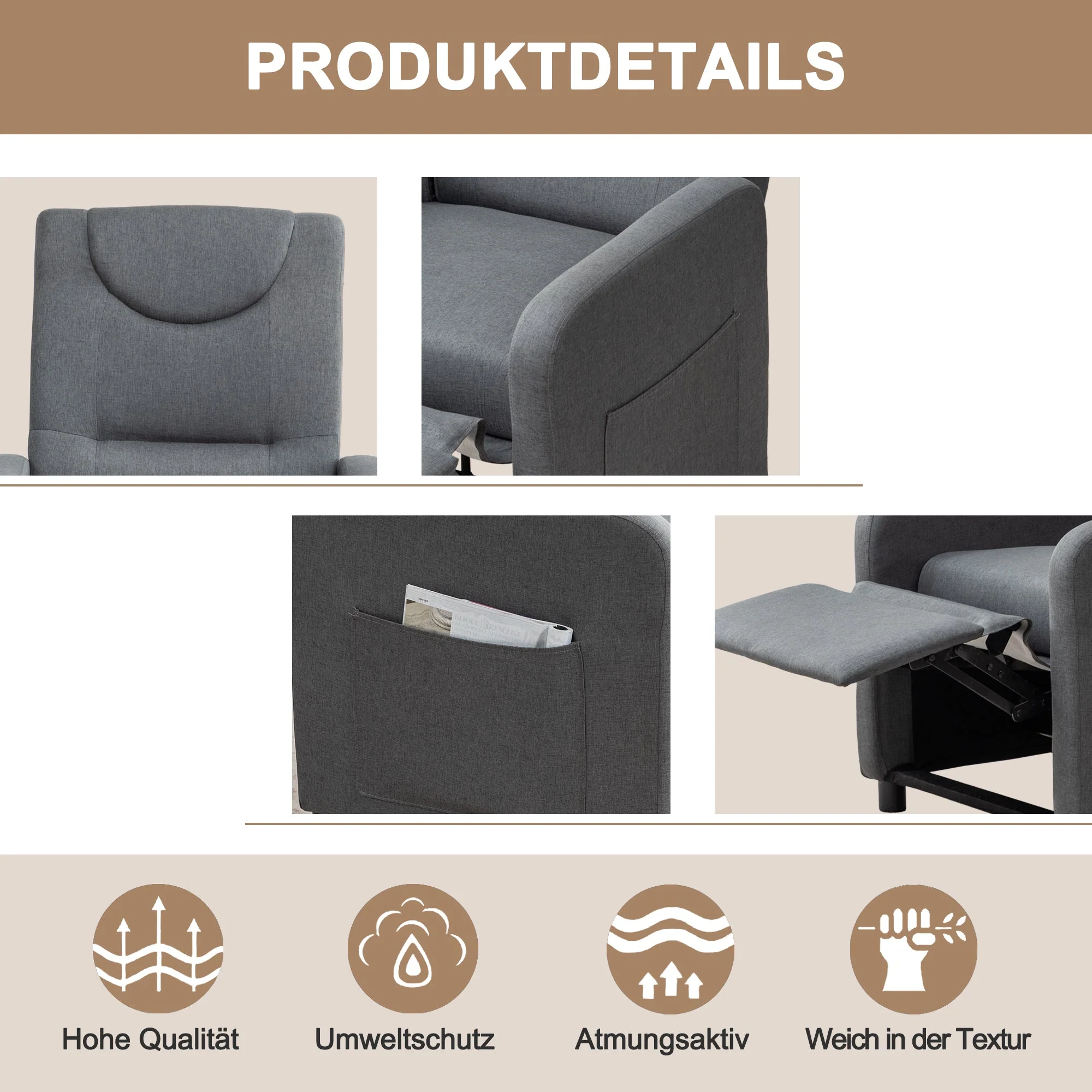 Reclining Armchair Adjustable Function - Dark Grey - Image 5