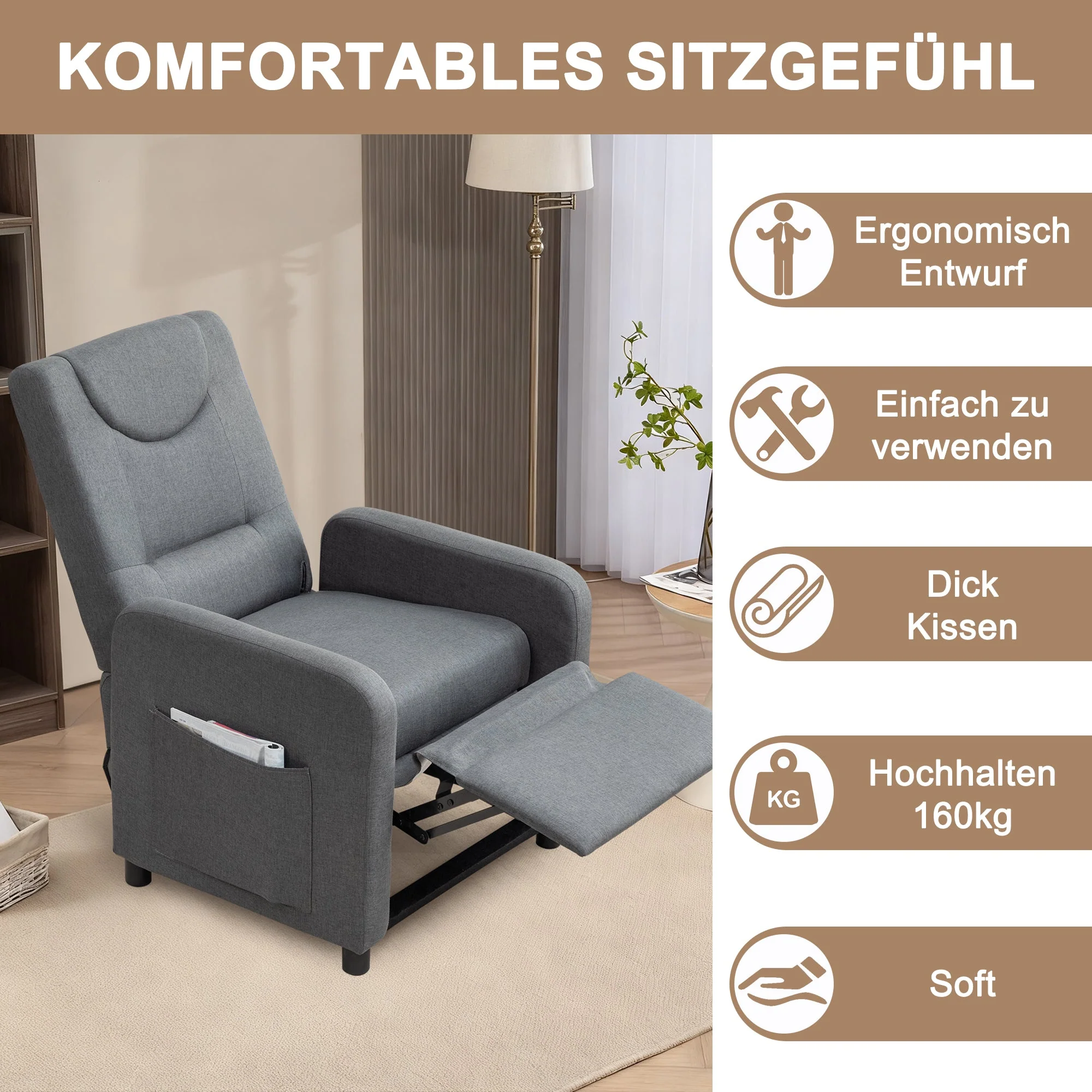 Reclining Armchair Adjustable Function - Dark Grey - Image 6