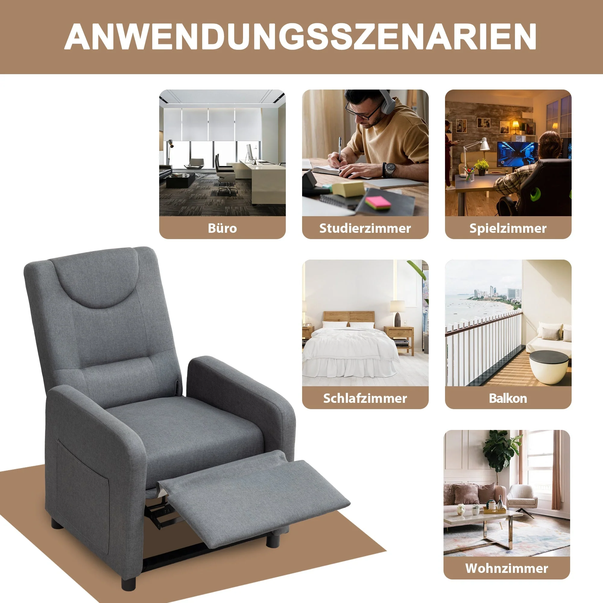 Reclining Armchair Adjustable Function - Dark Grey - Image 7