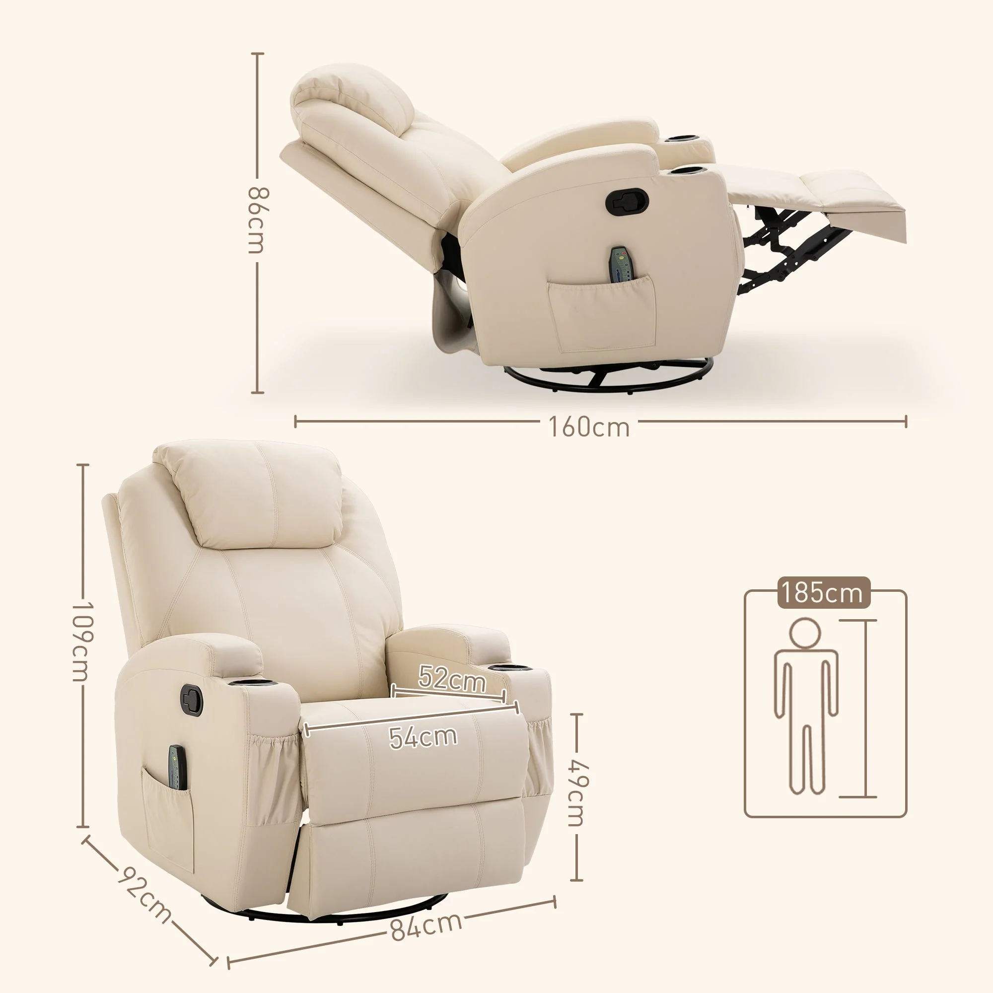 Reclining Armchair Electric Massage Chair 5 Modes Faux Leather Cream White - Image 3