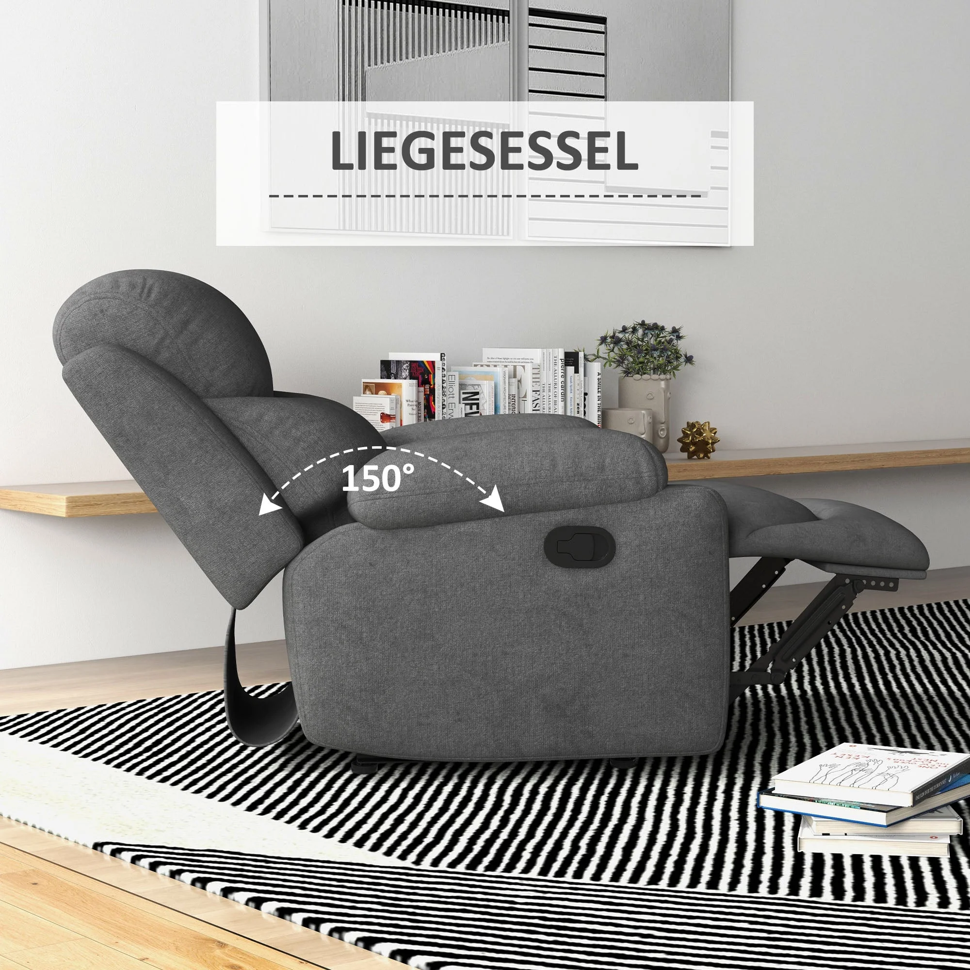 Reclining Armchair, Upholstered Lounge Chair Linen Look, Grey - Image 4