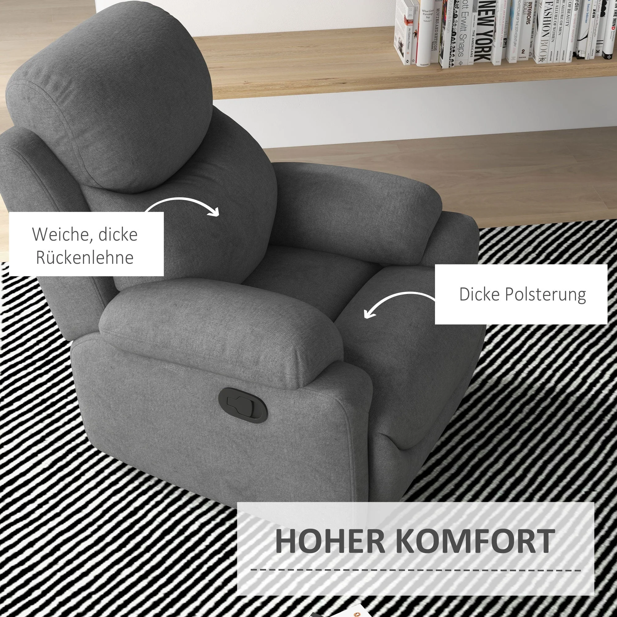 Reclining Armchair, Upholstered Lounge Chair Linen Look, Grey - Image 5