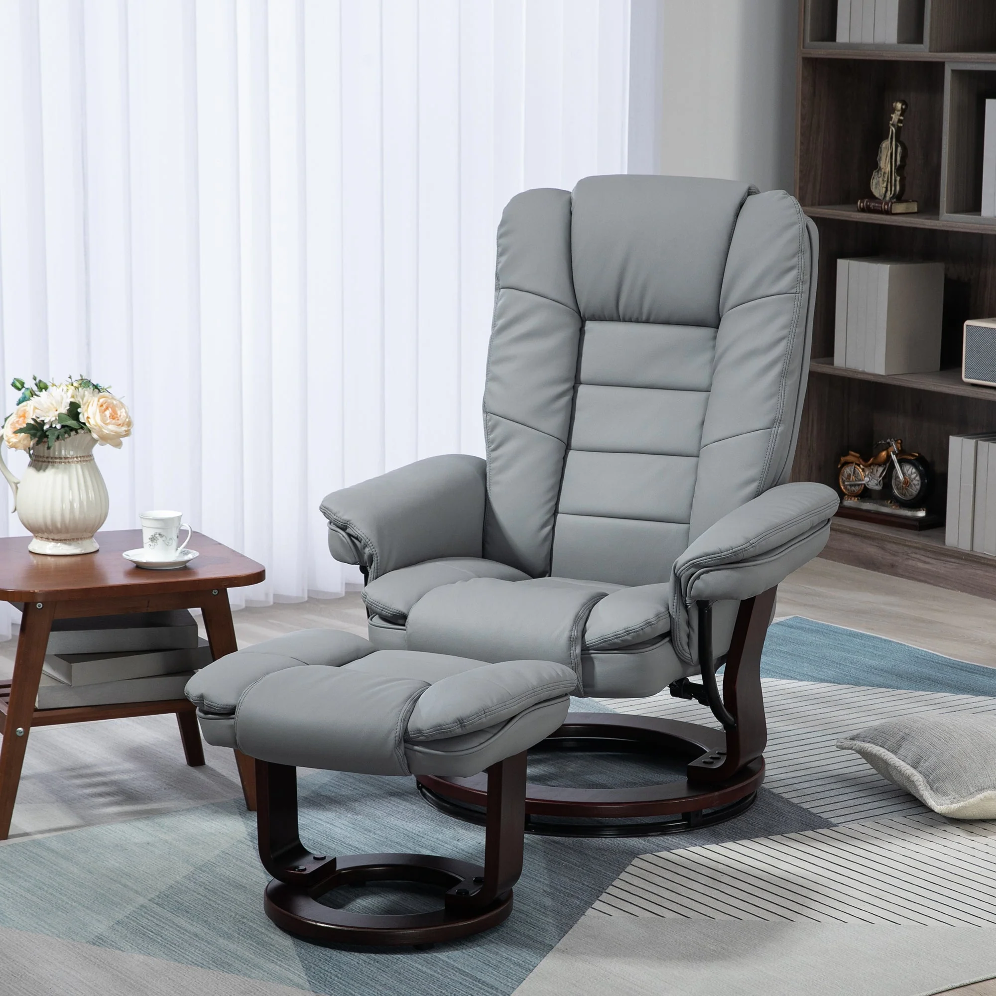 Reclining Armchair with Footstool, 360° Swivel Lounge Chair, Faux Leather Grey - Image 2