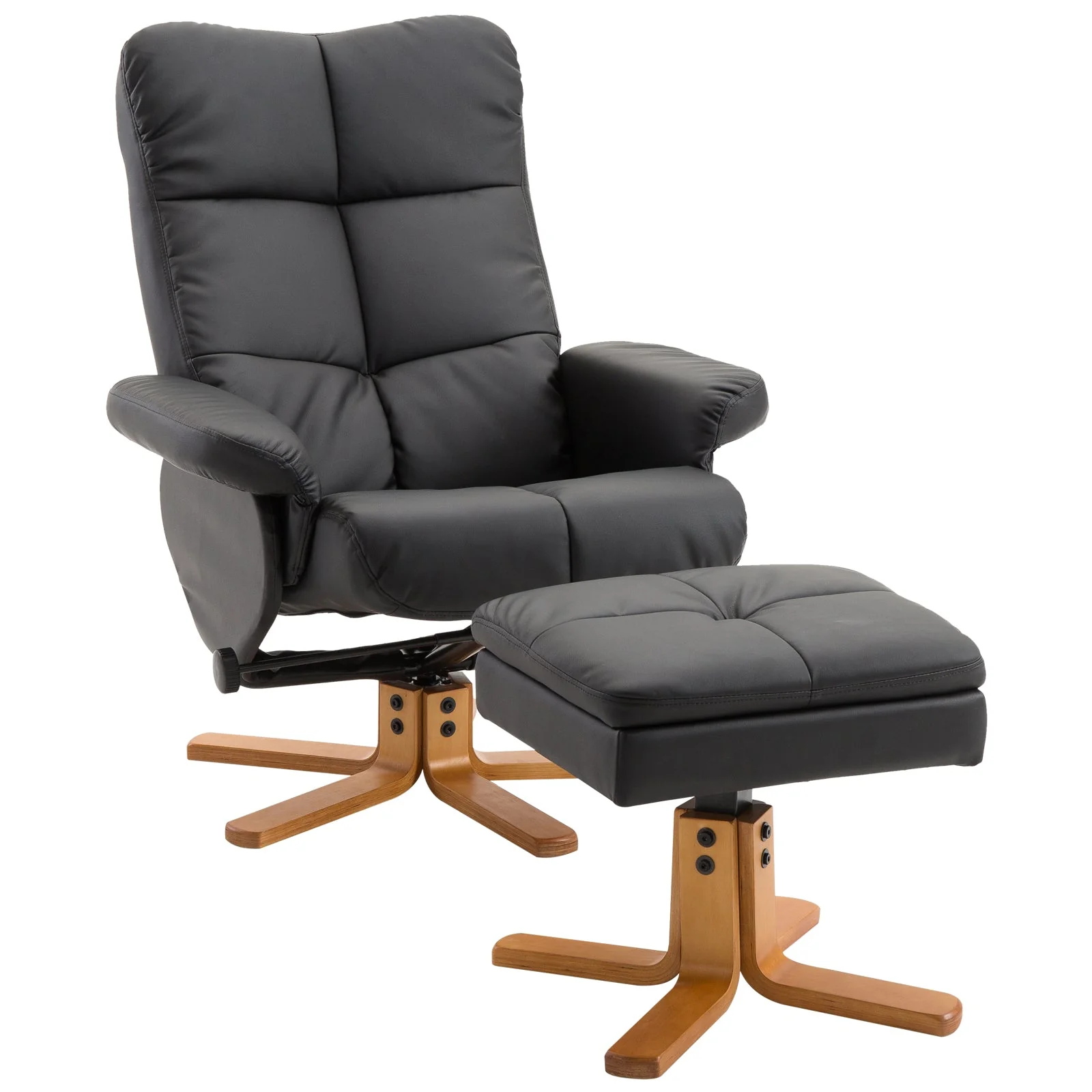 Reclining Armchair with Footstool, 360° Swivel TV Armchair, PU Leather Black - Image 2