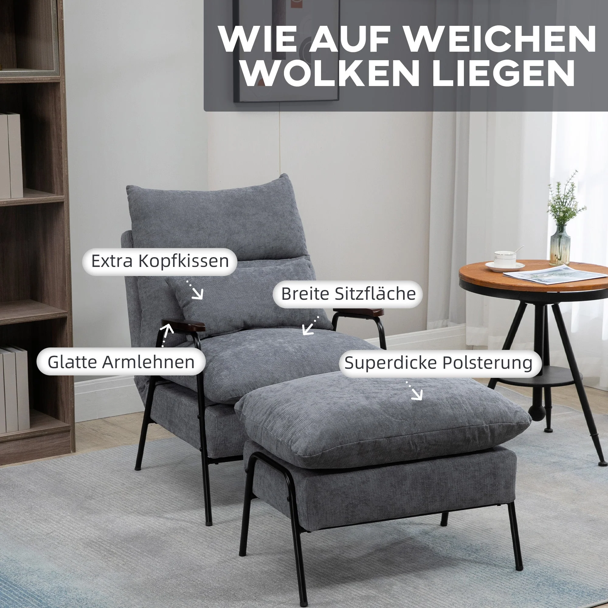 Reclining Armchair with Footstool, Adjustable Backrest Upholstered, Grey - Image 6