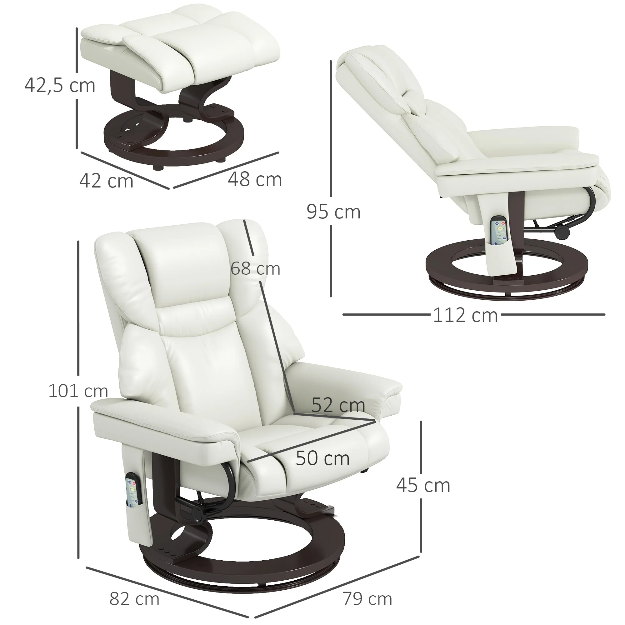 Reclining Armchair with Footstool, Electric Swivel Massage Function, Faux Leather, Cream White - Image 3