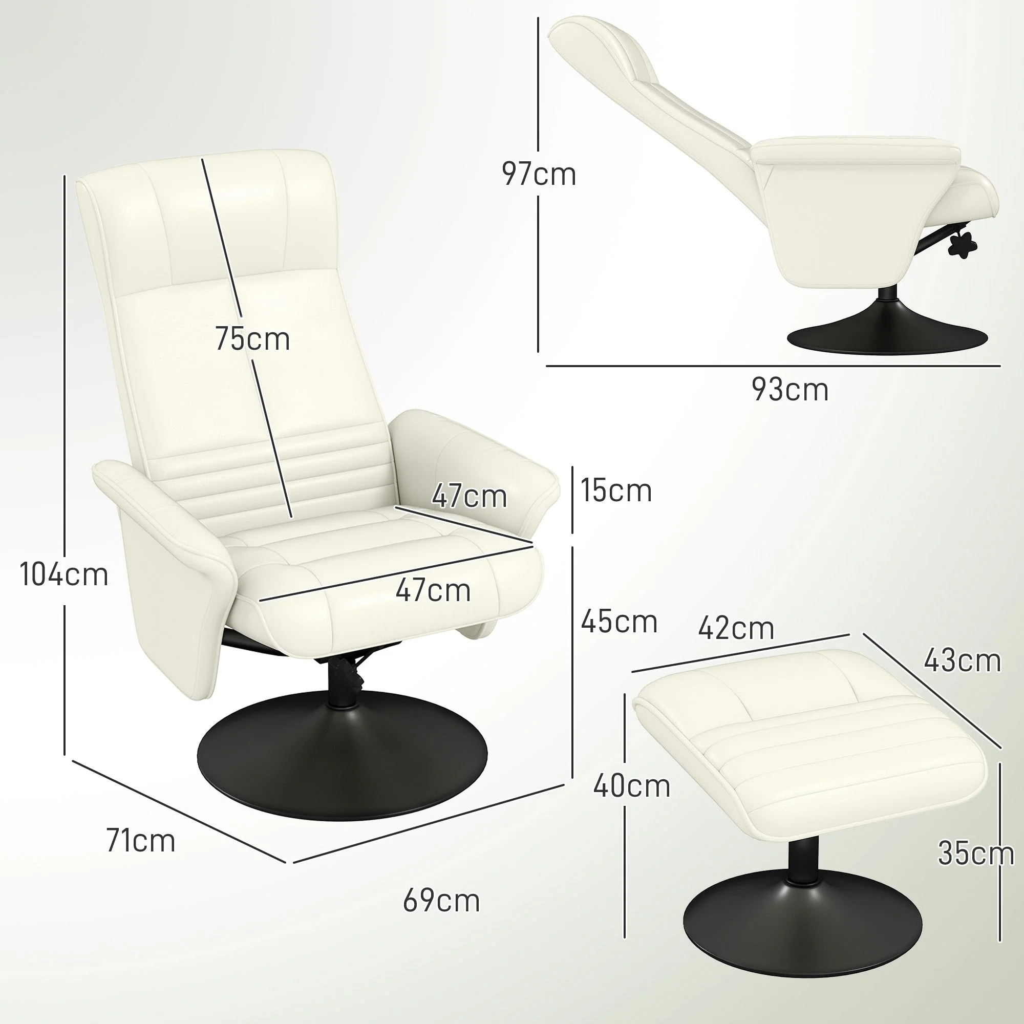 Reclining Armchair with Footstool, Swivel Lounge TV Chair, 150kg Capacity, Microfiber Fabric, Cream White - Image 3