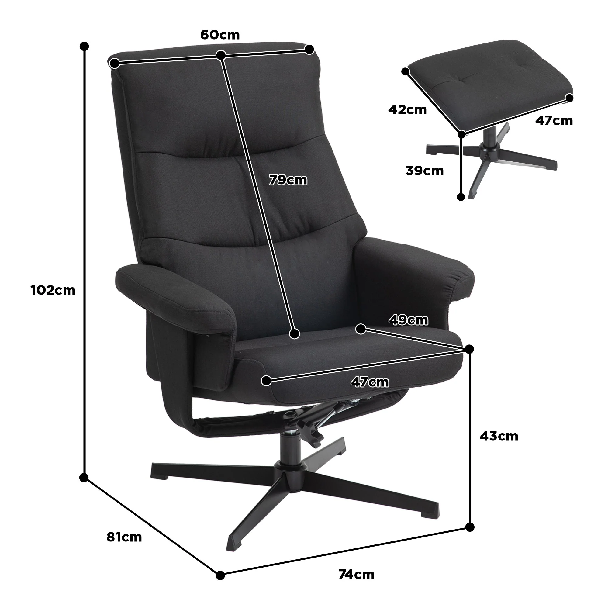 Reclining Armchair with Footstool, Swivel & Rocking Function, Velvet Look, Black - Image 3